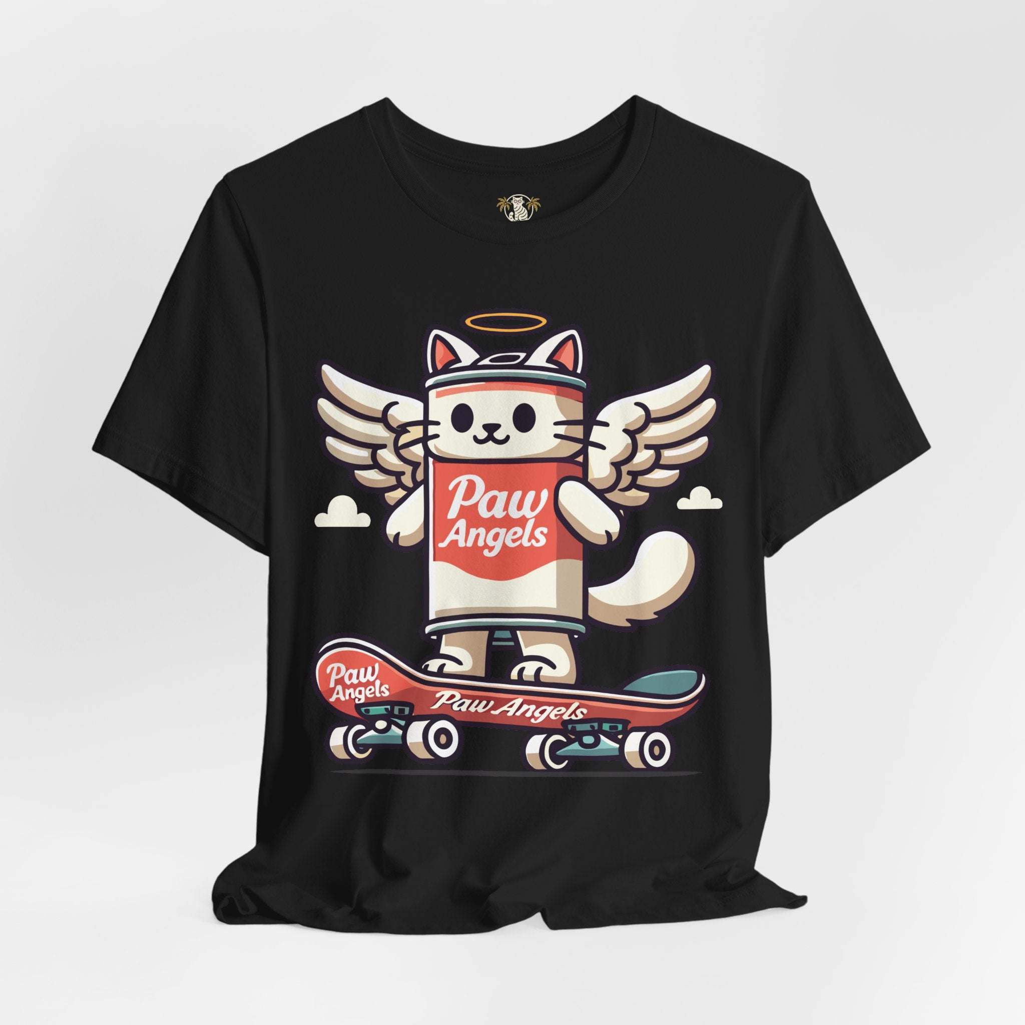 Black Paw Angels skate t shirt front view – funny cat t shirts for guys