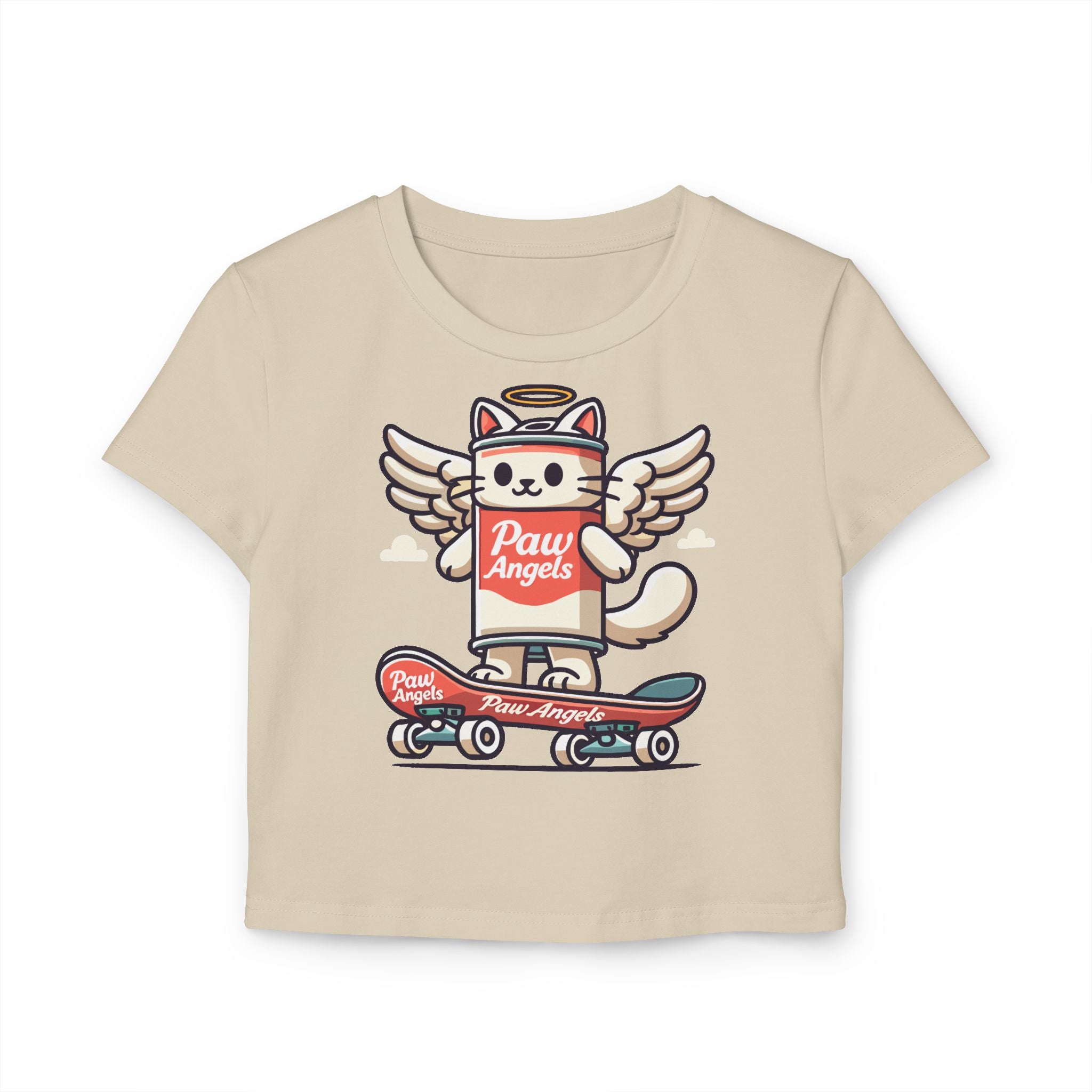 Paw Angels Spray Cat Graphic Women's Baby Tee in sand, flat lay