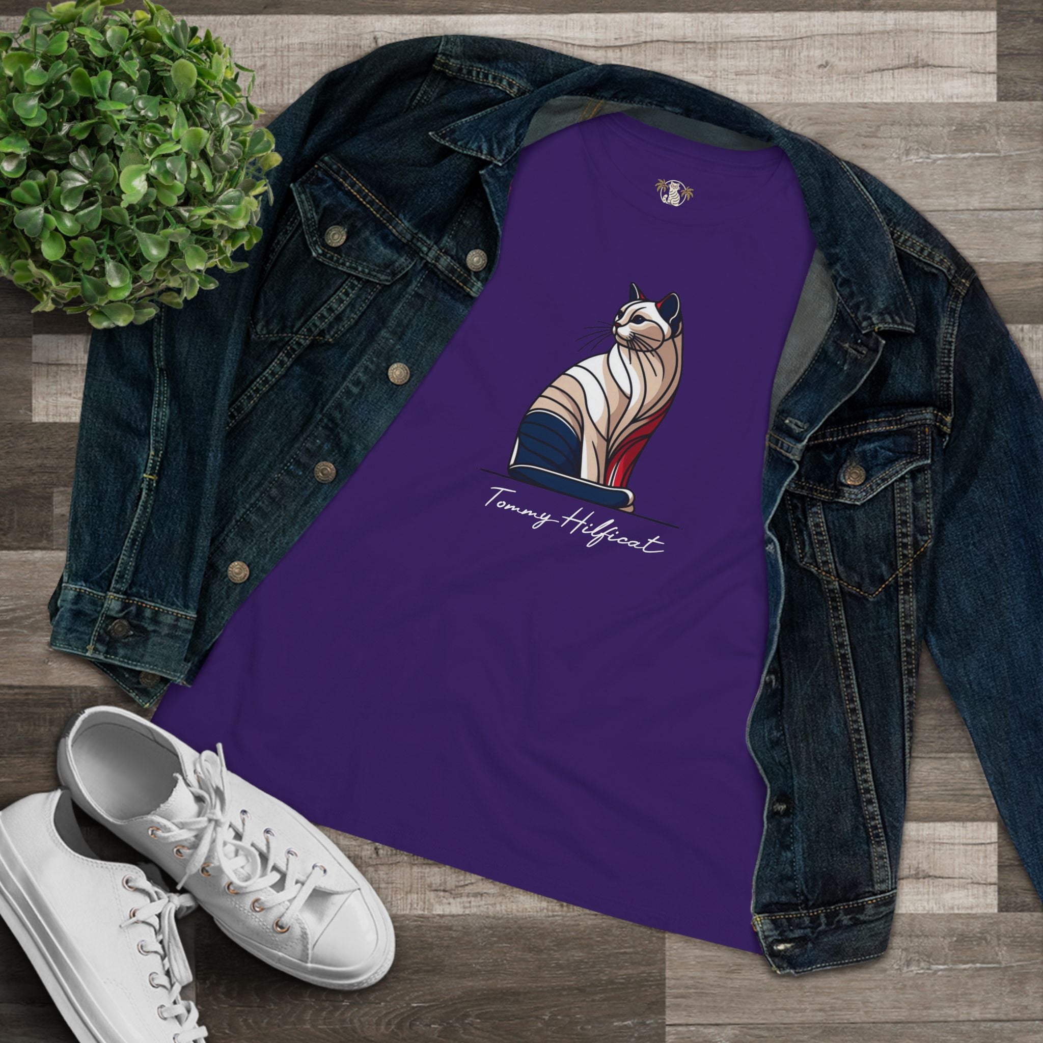 flat lay Tommy Hilficat Sitting Icon T Shirt in Team Purple with denim, cat lady tee