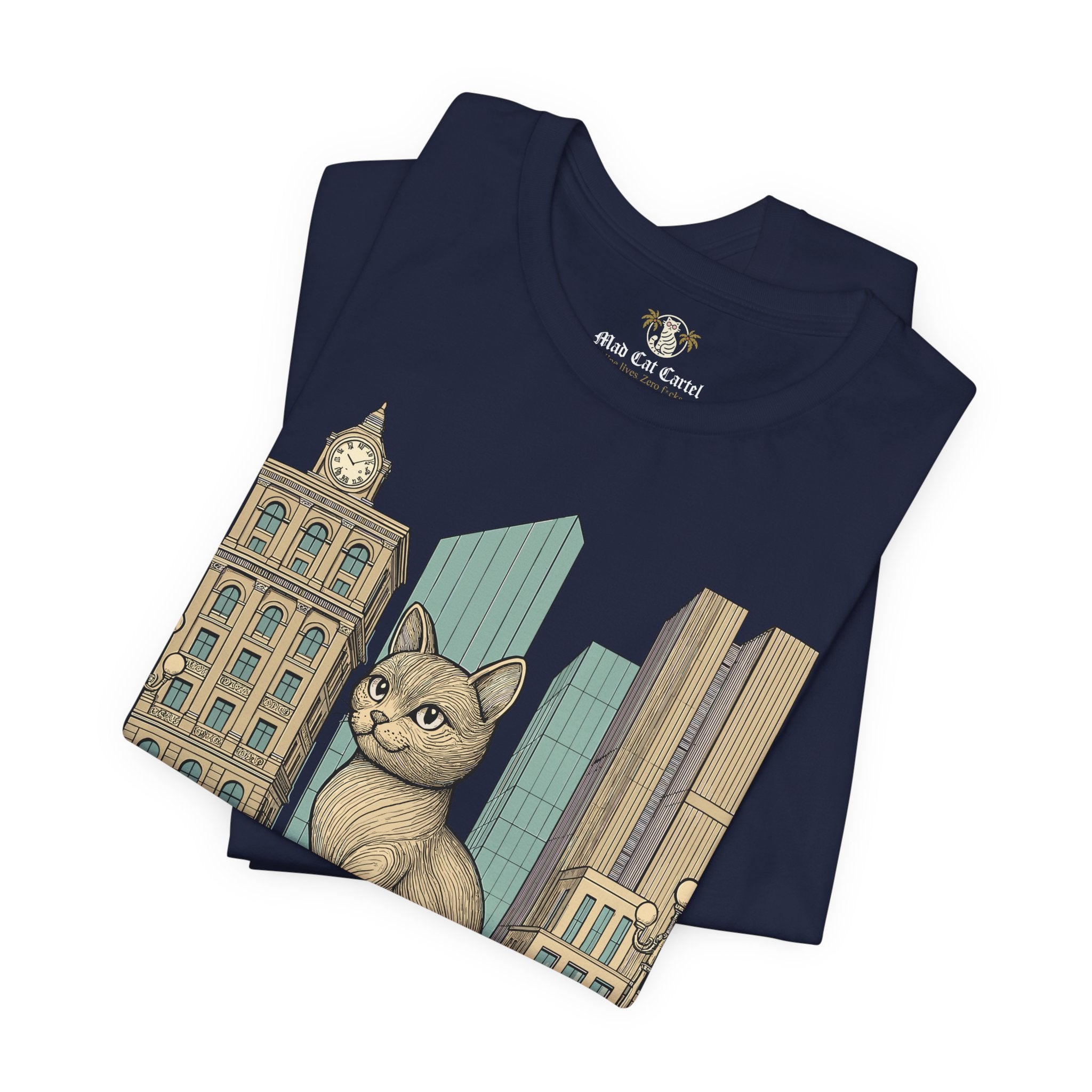 Mens cat shirts – navy unisex tee folded, Meowschino city cat statue print