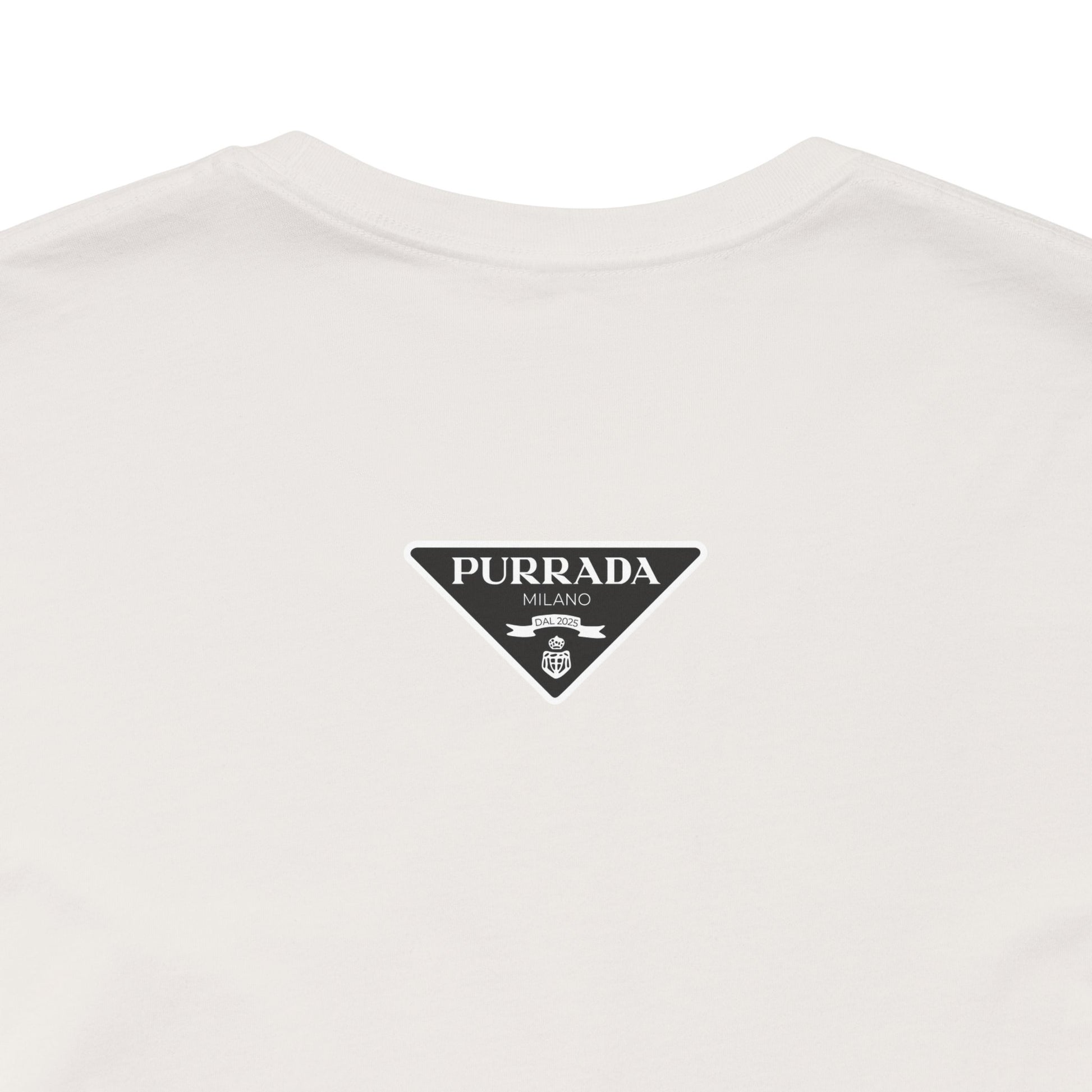 Back view of vintage white Purrada Exclusive Milano Cat Graphic T Shirt on hanger, parody shirts