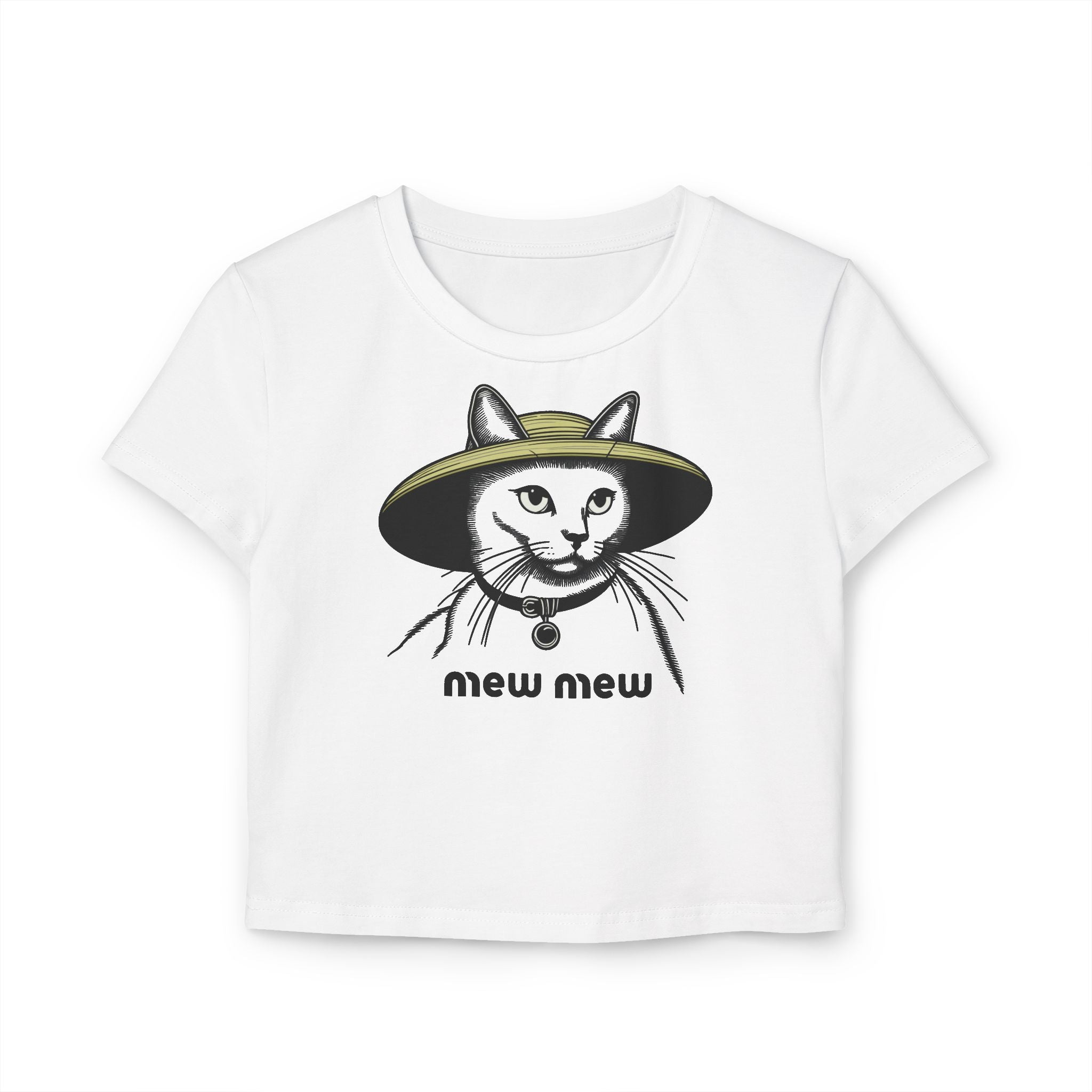 Mew Mew Iconic Hat Cat Graphic Women's Baby Tee, white baby tee front view