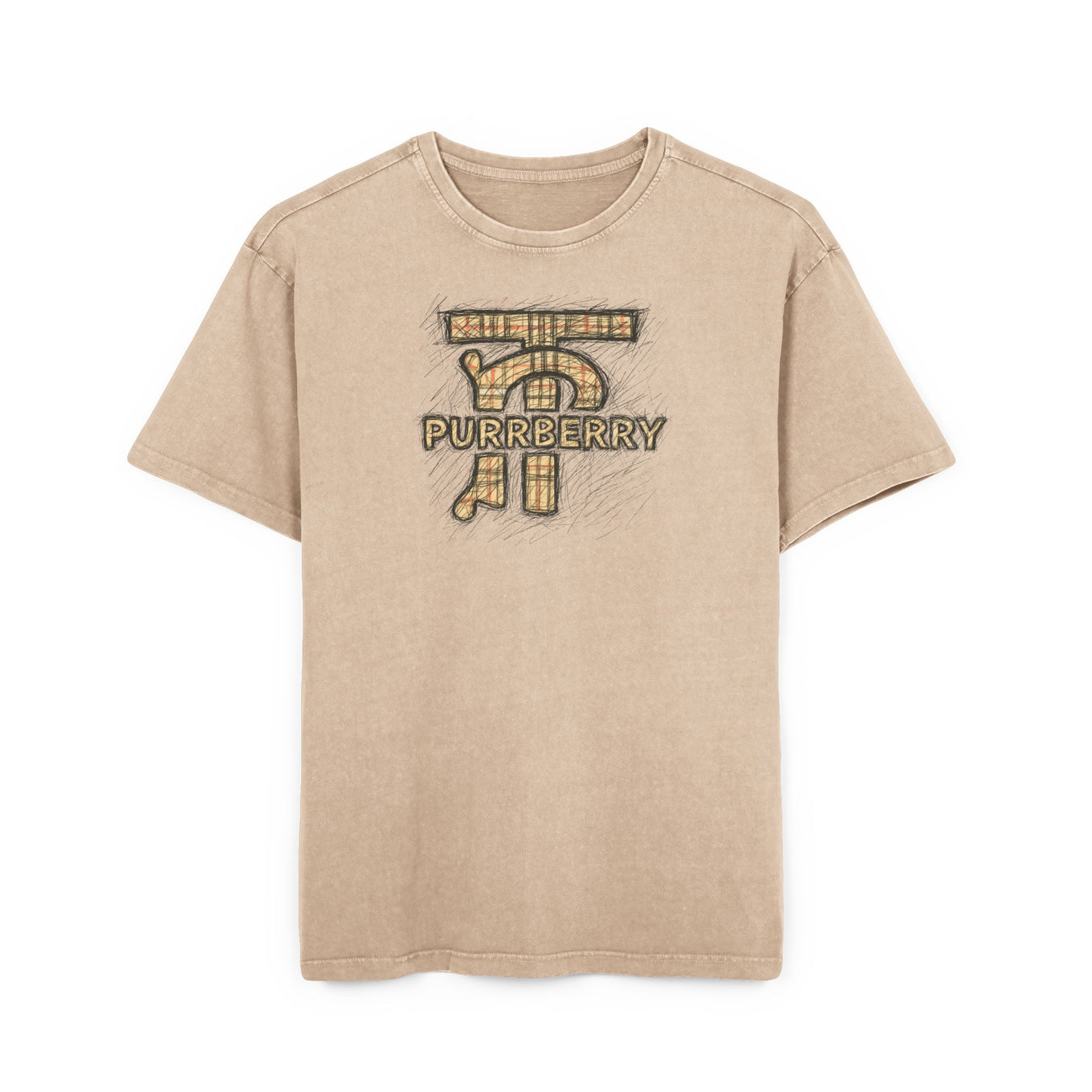 Purrberry Chest Sketch Logo Back Cat Graphic Acid Wash Oversized T Shirt, union beige front view