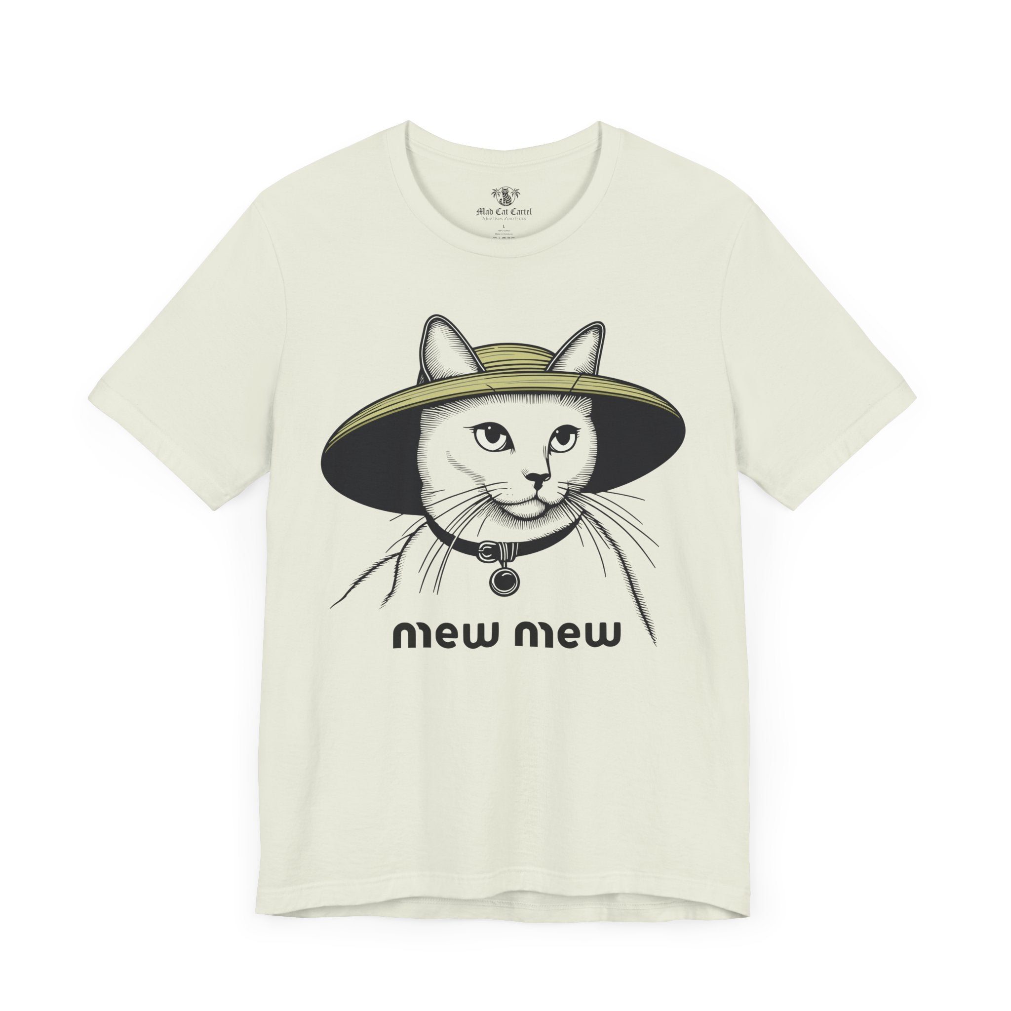 Cat shirts for women – citron unisex tee, front view, Mew Mew cat in wide-brim hat graphic print