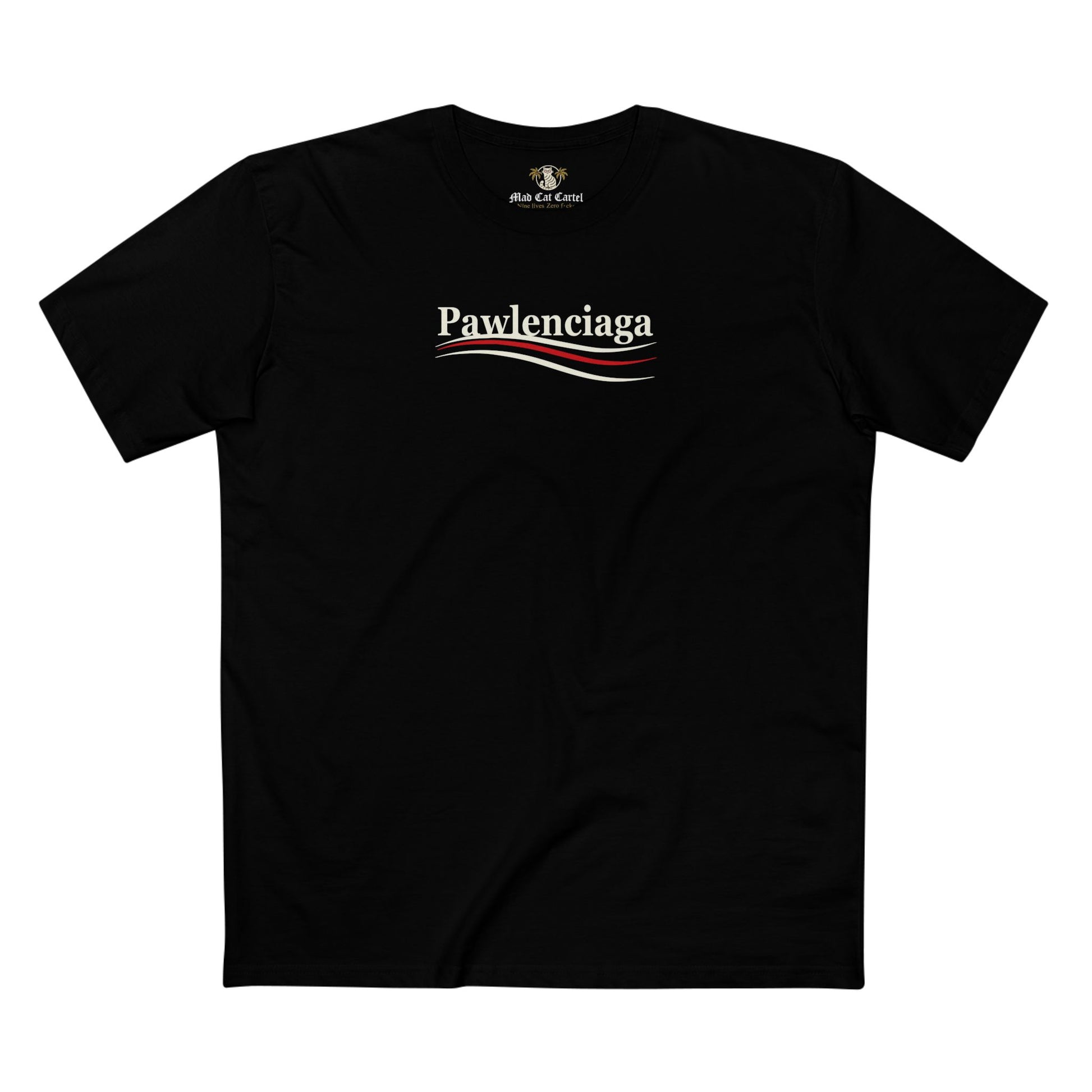 Pawlenciaga Designer Carry-On Cat Graphic Black T Shirt, flat lay front view, cat themed shirts, shirts for cat lovers