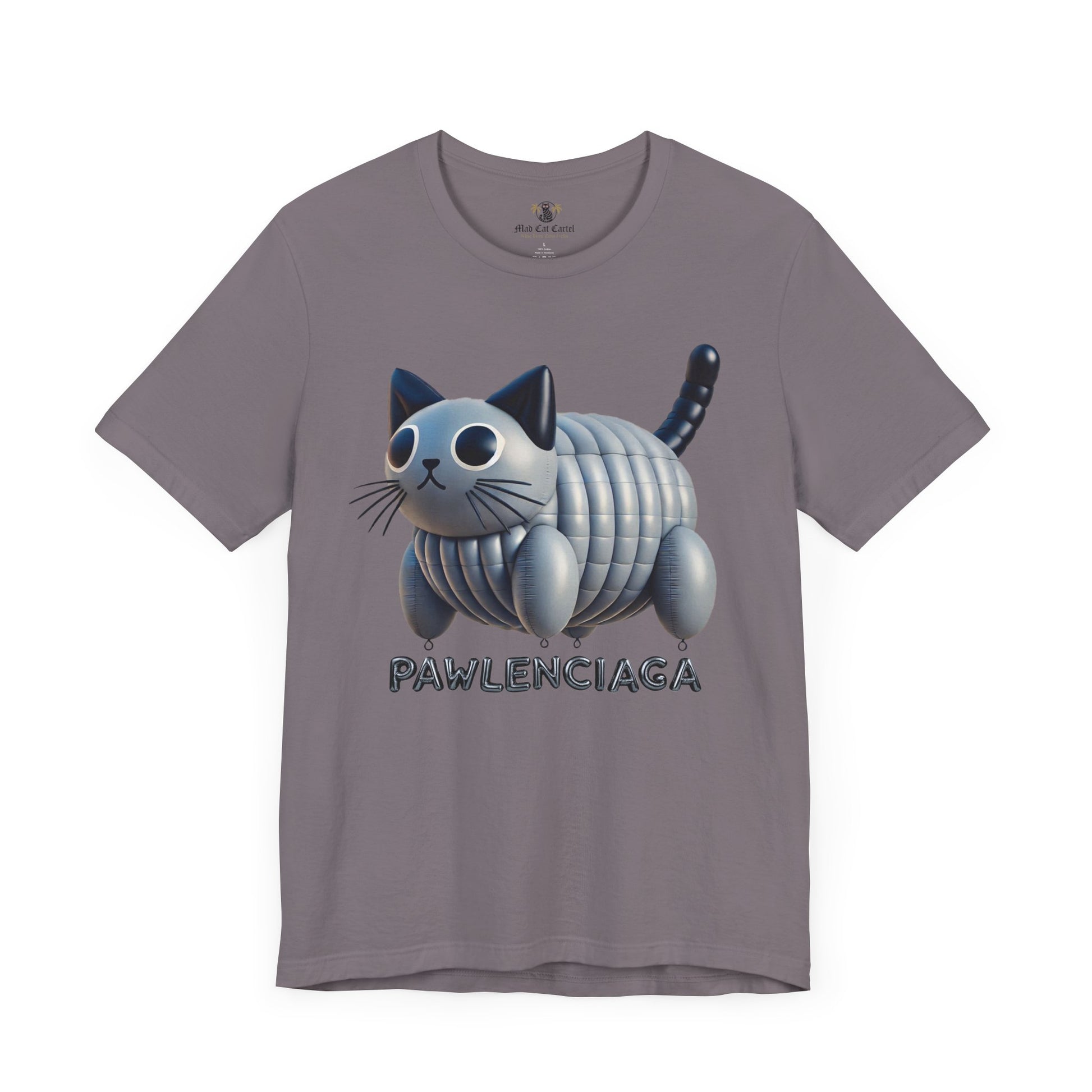 Storm Pawlenciaga Cat Balloon Graphic T Shirt flat lay funny cat t shirts for guys