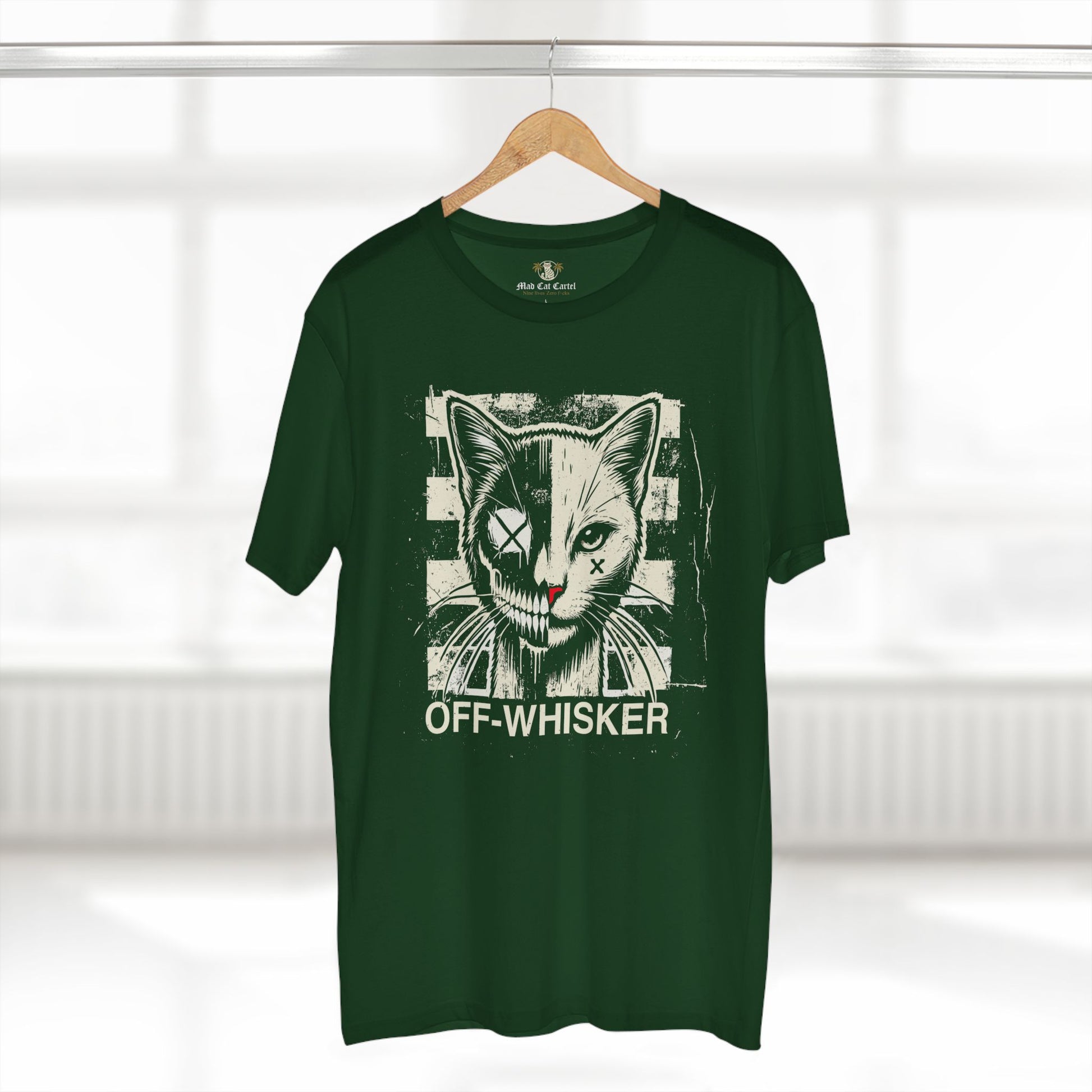 Green Off-Whisker Split Face cat lover t shirt on hangert β modern cat tee for street style