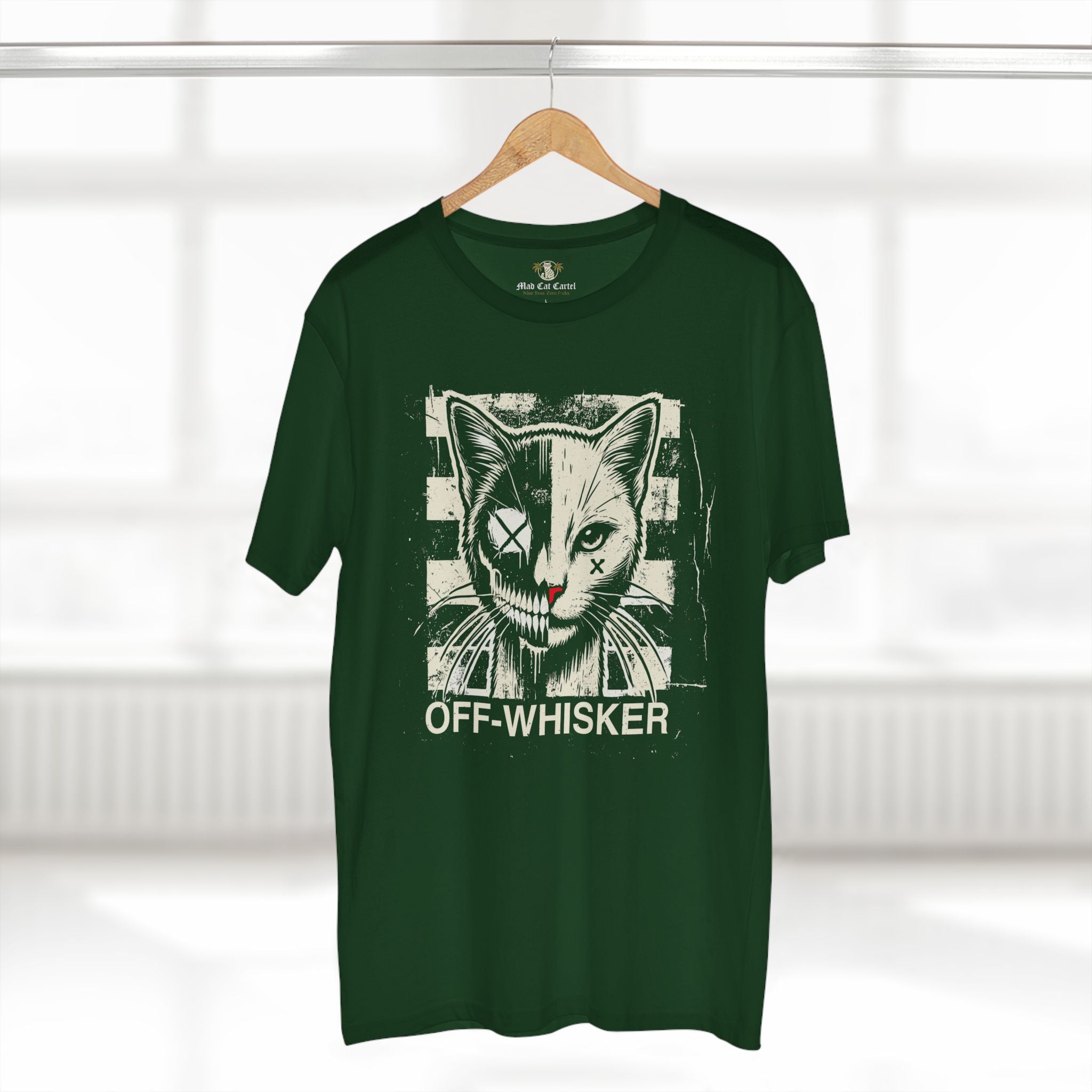 Green Off-Whisker Split Face cat lover t shirt on hangert β modern cat tee for street style