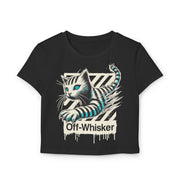 Off-Whisker Phantom Pounce Cat Graphic Women's Baby Tee, black crop top front view