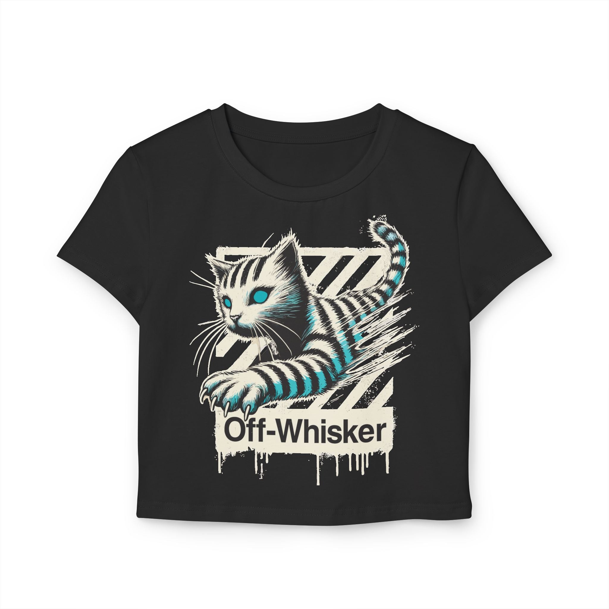 Off-Whisker Phantom Pounce Cat Graphic Women's Baby Tee, black crop top front view