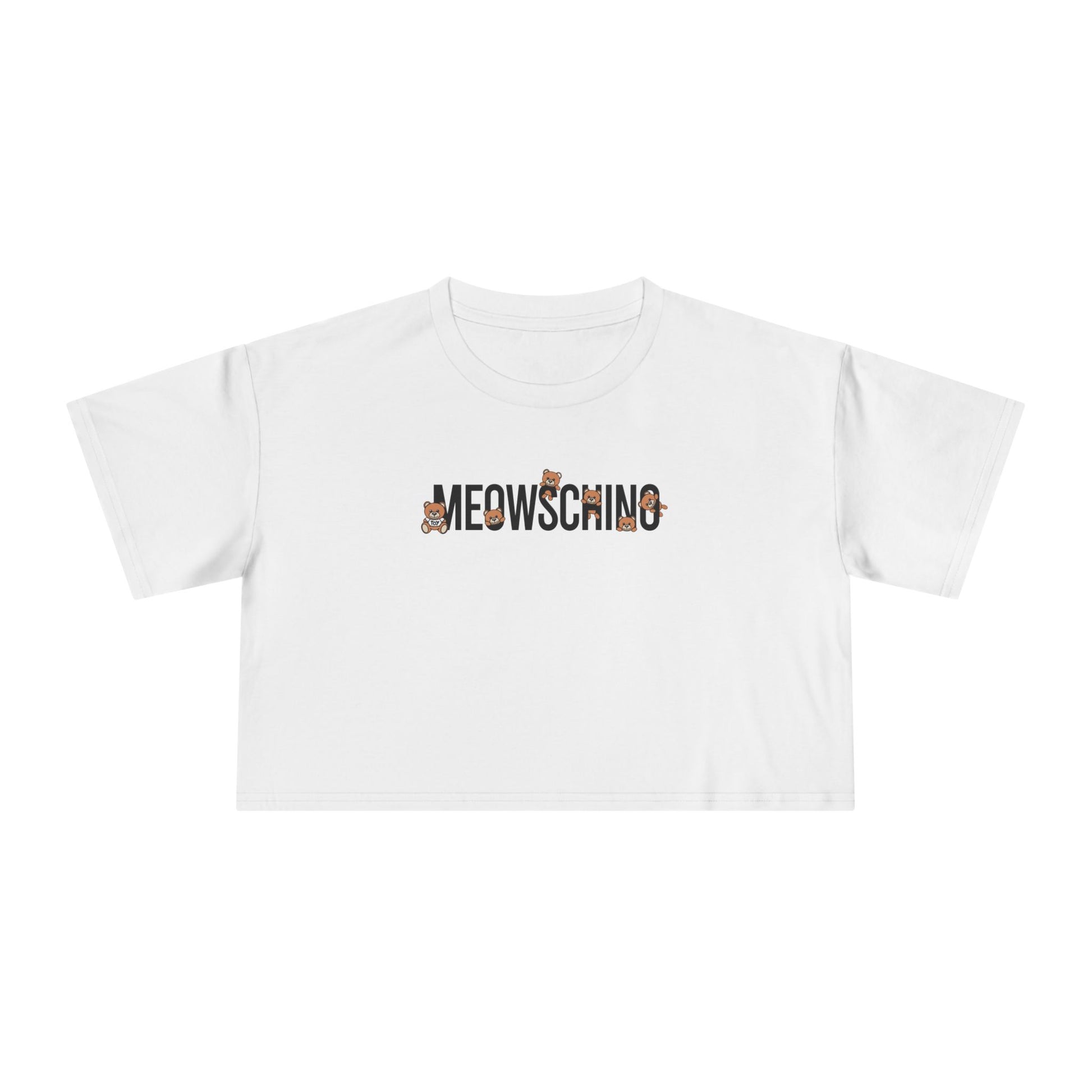 Meowschino Bear Logo Graphic Women's Crop T Shirt, white crop top front view