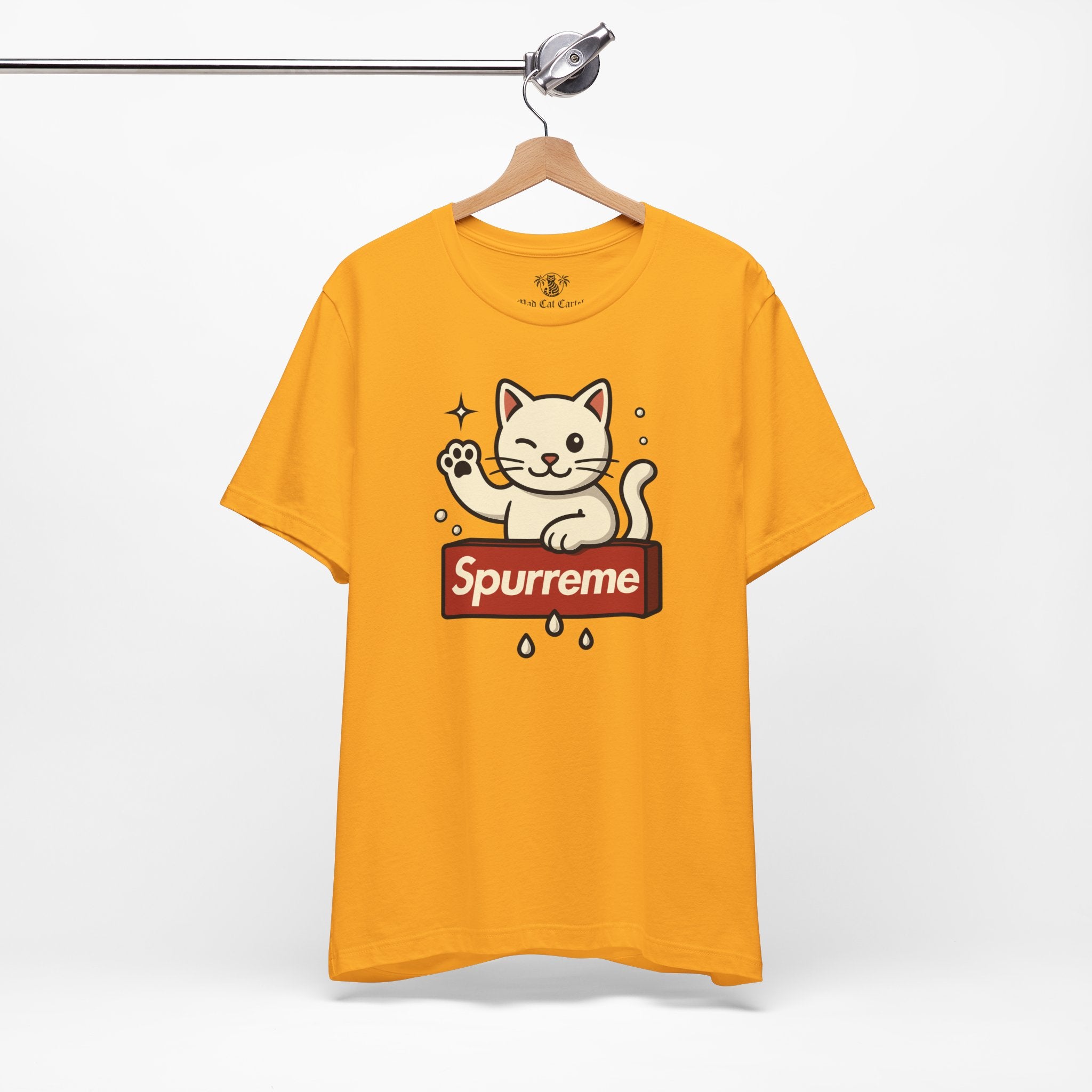 Spurreme Lucky Cat Box Logo Graphic T-Shirt gold hanging front view cat themed clothing