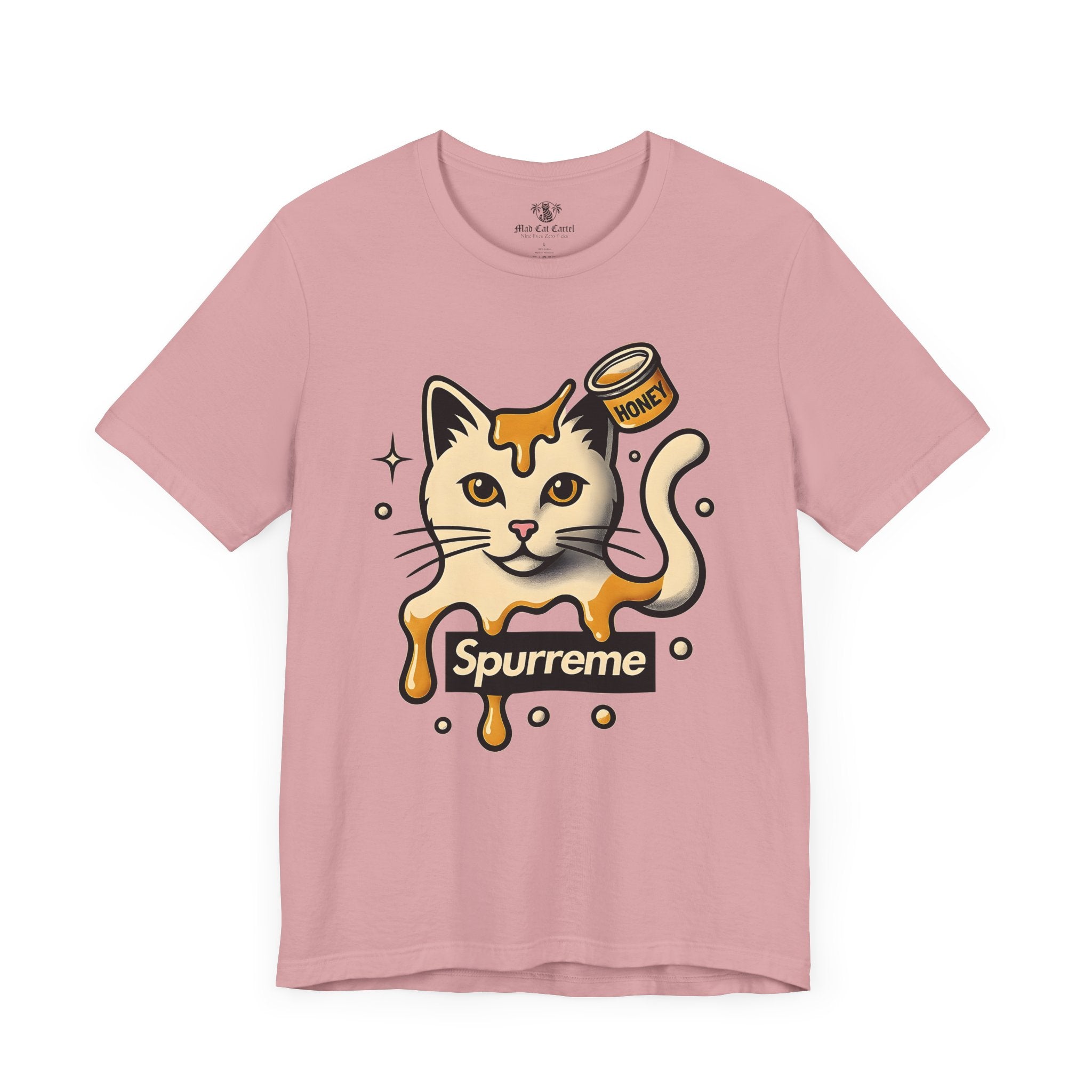 Orchid Spurreme Drip Drop Honey Meowgnum Cat Graphic TShirt front view – cat lover t shirt