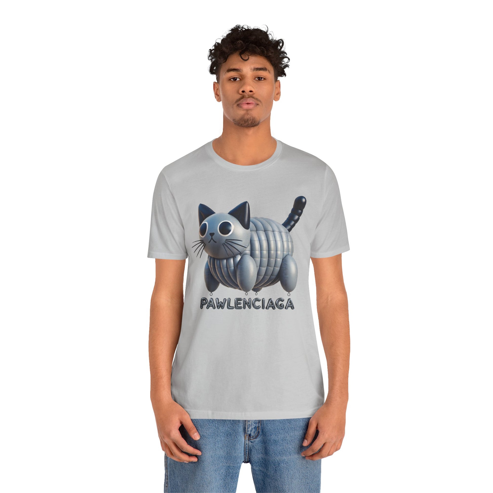 Man wearing gray Pawlenciaga cat balloon graphic t-shirt, funny cat t shirts for guys, things to get cat lovers