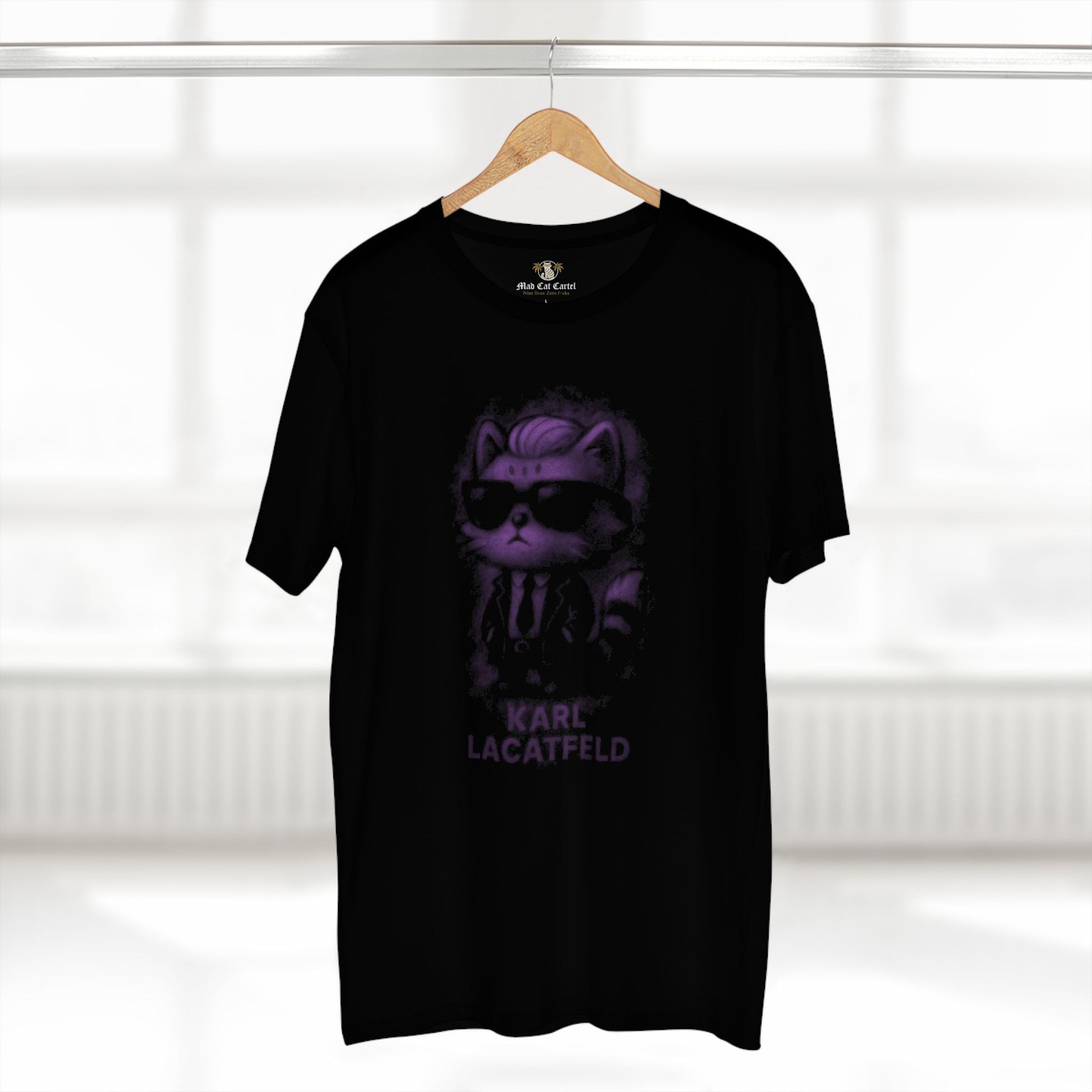 Karl purple glow design black tee for cat lovers hanging front view