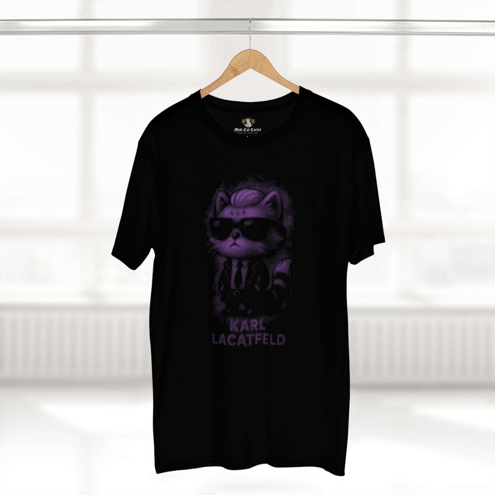 Karl purple glow design black tee for cat lovers hanging front view