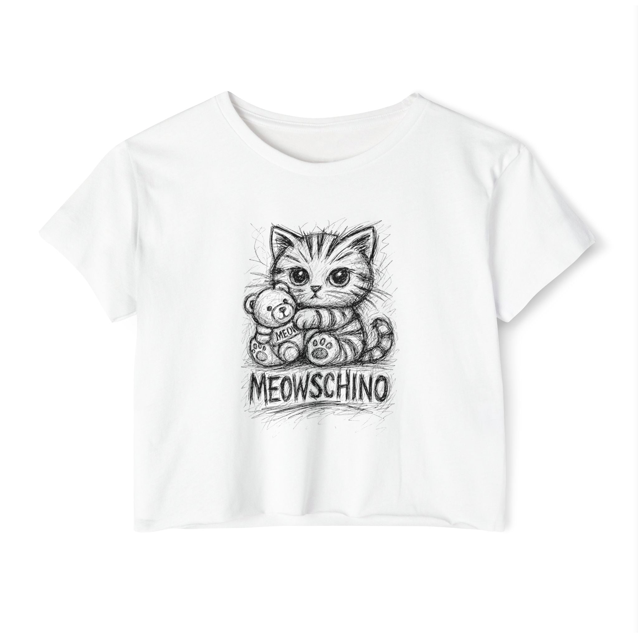 Meowschino Sketch Teddy Cat Women's Festival Crop Top, white crop top front view