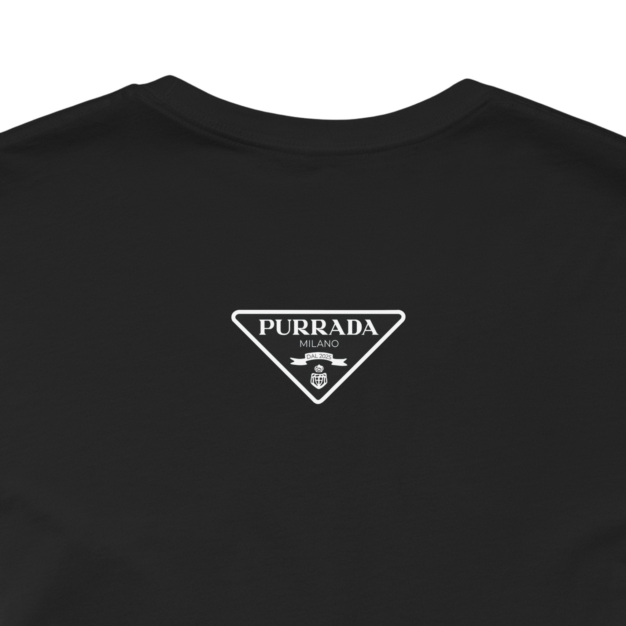 Back view of black Purrada Exclusive Milano Cat Graphic T Shirt on hanger, cat graphic shirt