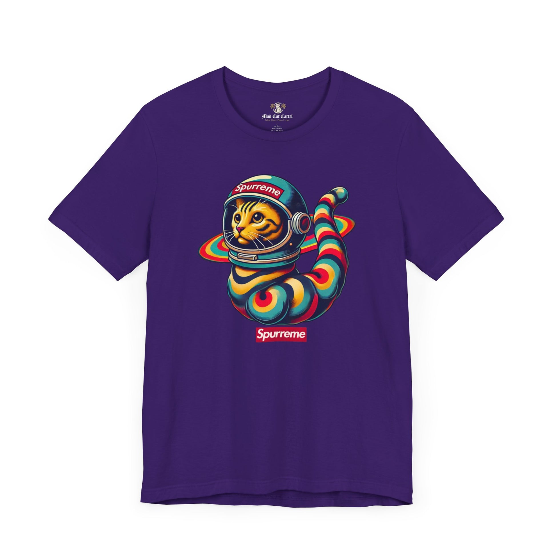 Spurreme Space Explorer Cat Graphic T-Shirt in team purple flat lay, mens funny cat shirts
