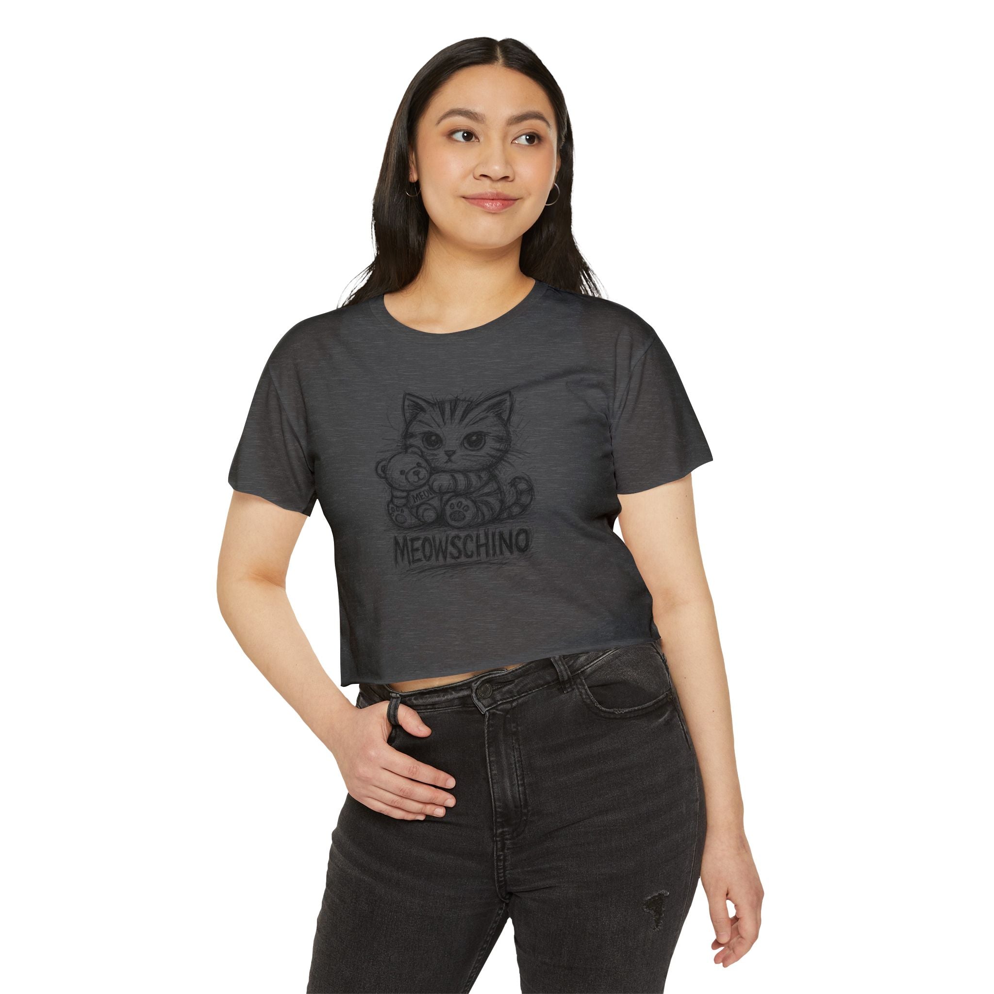 Women's charcoal black crop top modeled, clothes with cats on them