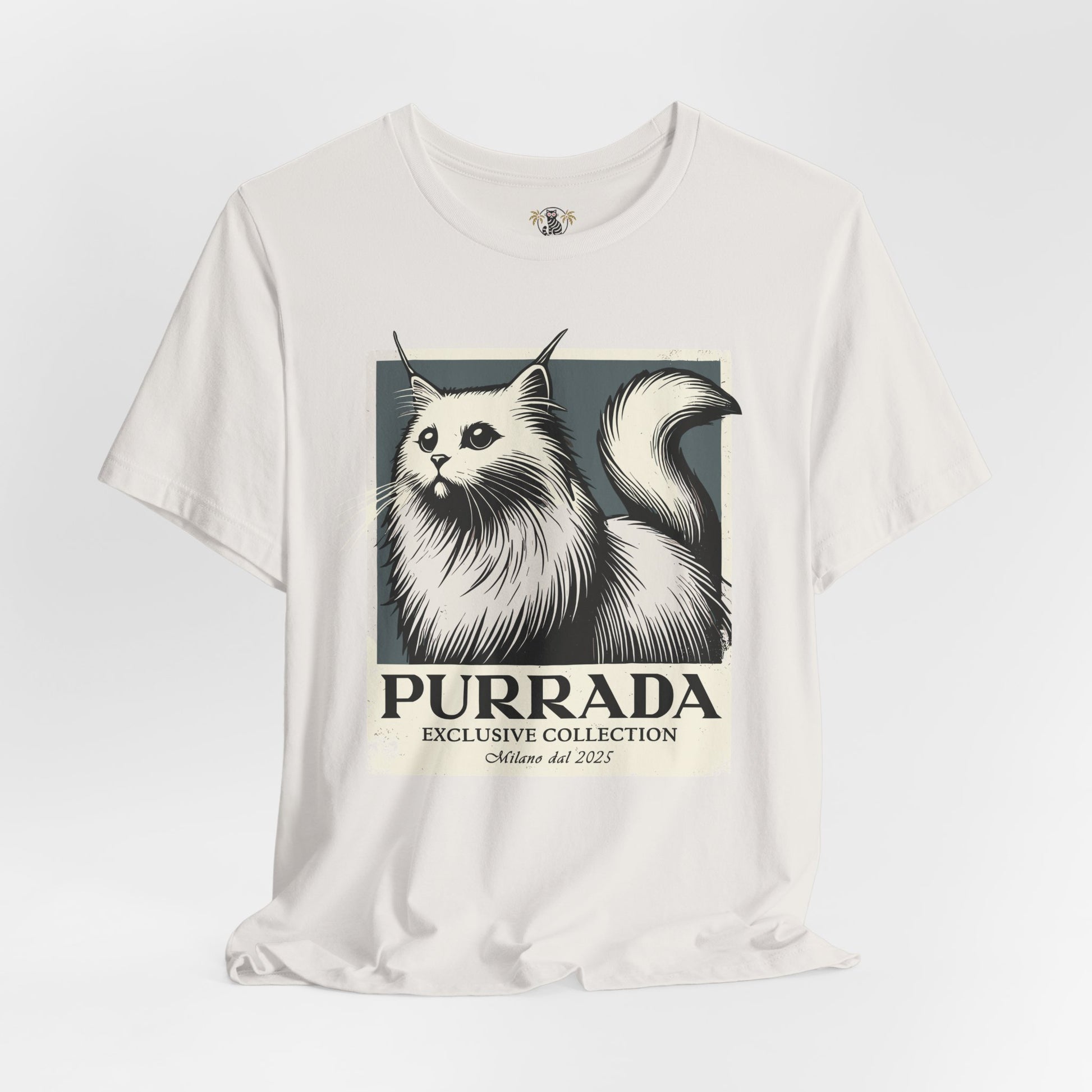 Vintage white Purrada Exclusive Milano Cat Graphic T Shirt flat lay, shirts with cats on them