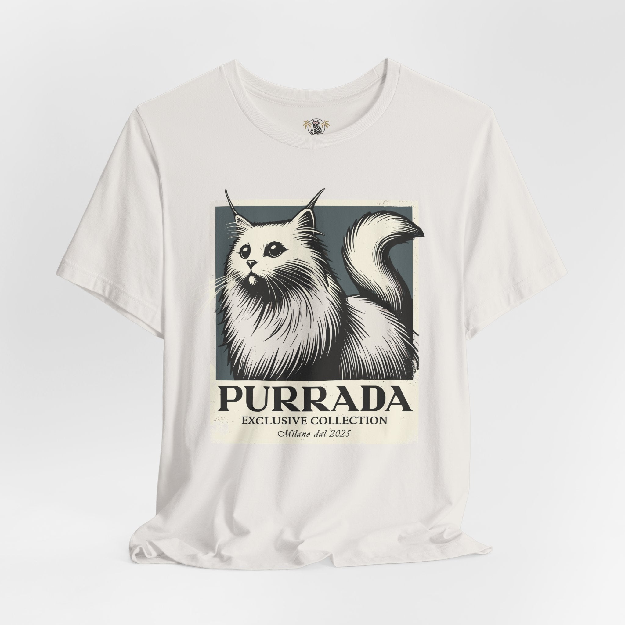 Vintage white Purrada Exclusive Milano Cat Graphic T Shirt flat lay, shirts with cats on them