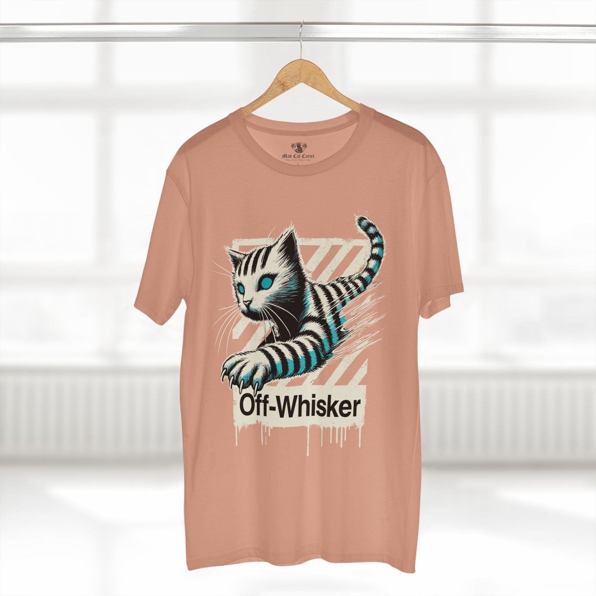 Pale pink cat t-shirt on hanger – Off-Whisker Phantom Pounce graphic tee for cat lovers