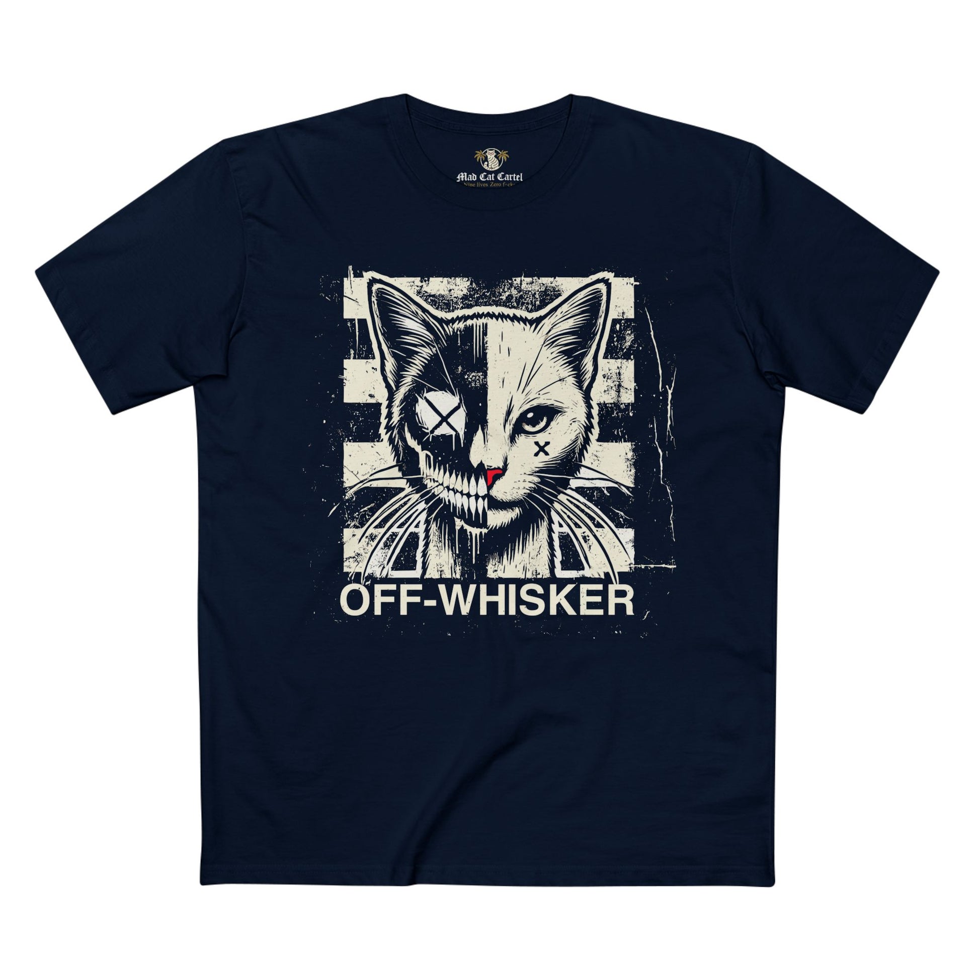 Navy Off-Whisker Split Face cat face t shirt β bold cat lover t shirt design for casual wear