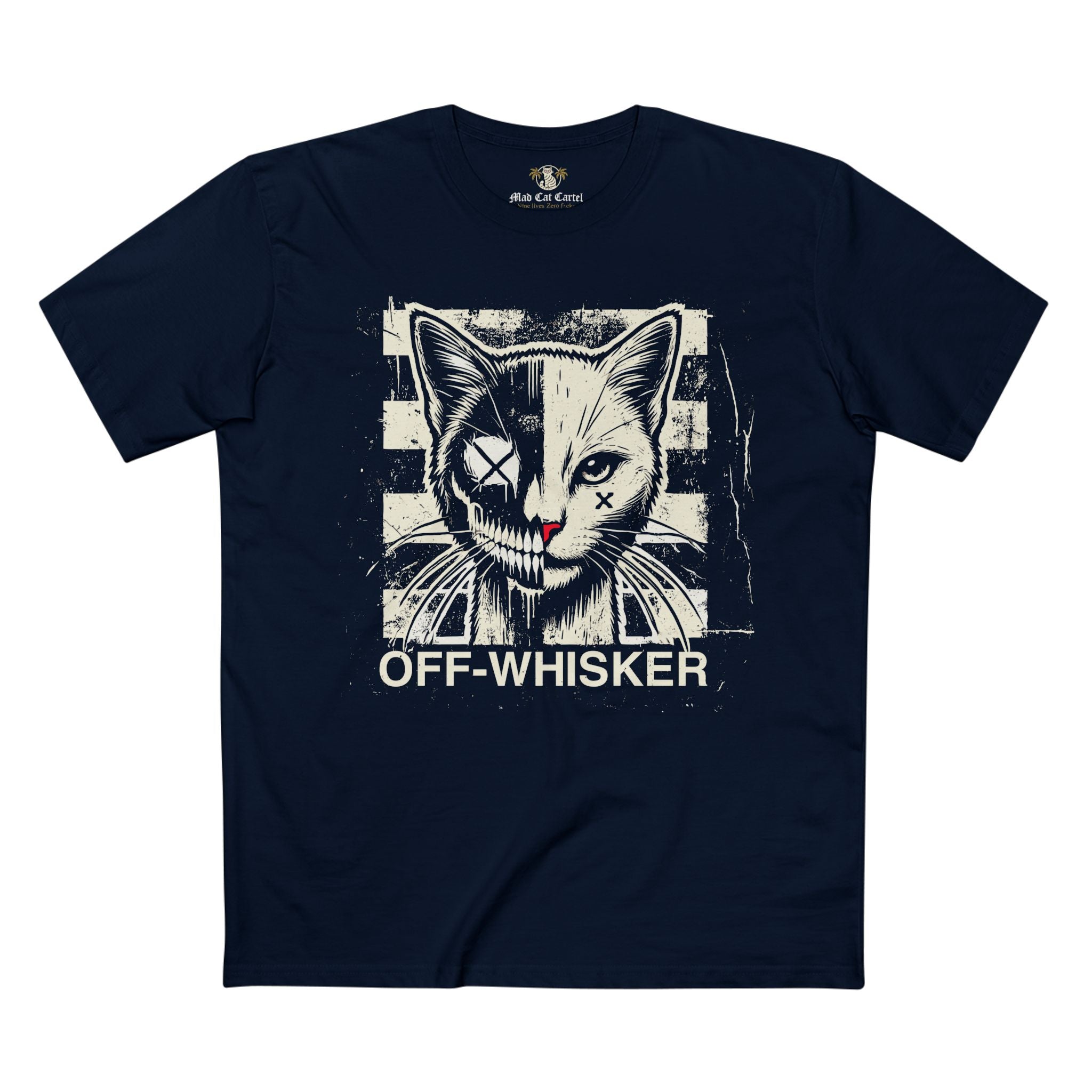 Navy Off-Whisker Split Face cat face t shirt – bold cat lover t shirt design for casual wear