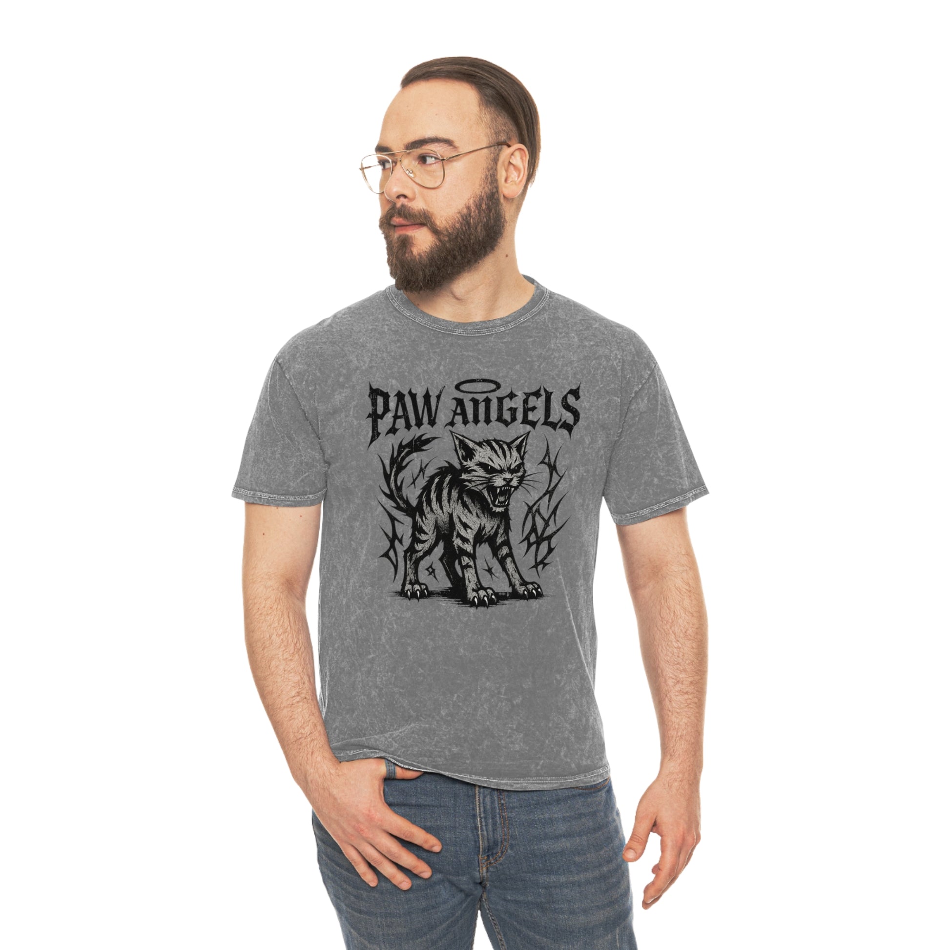 Male model wearing Paw Angels Hellcat mineral gray unisex mineral wash cat t-shirt – gift ideas for cat owners