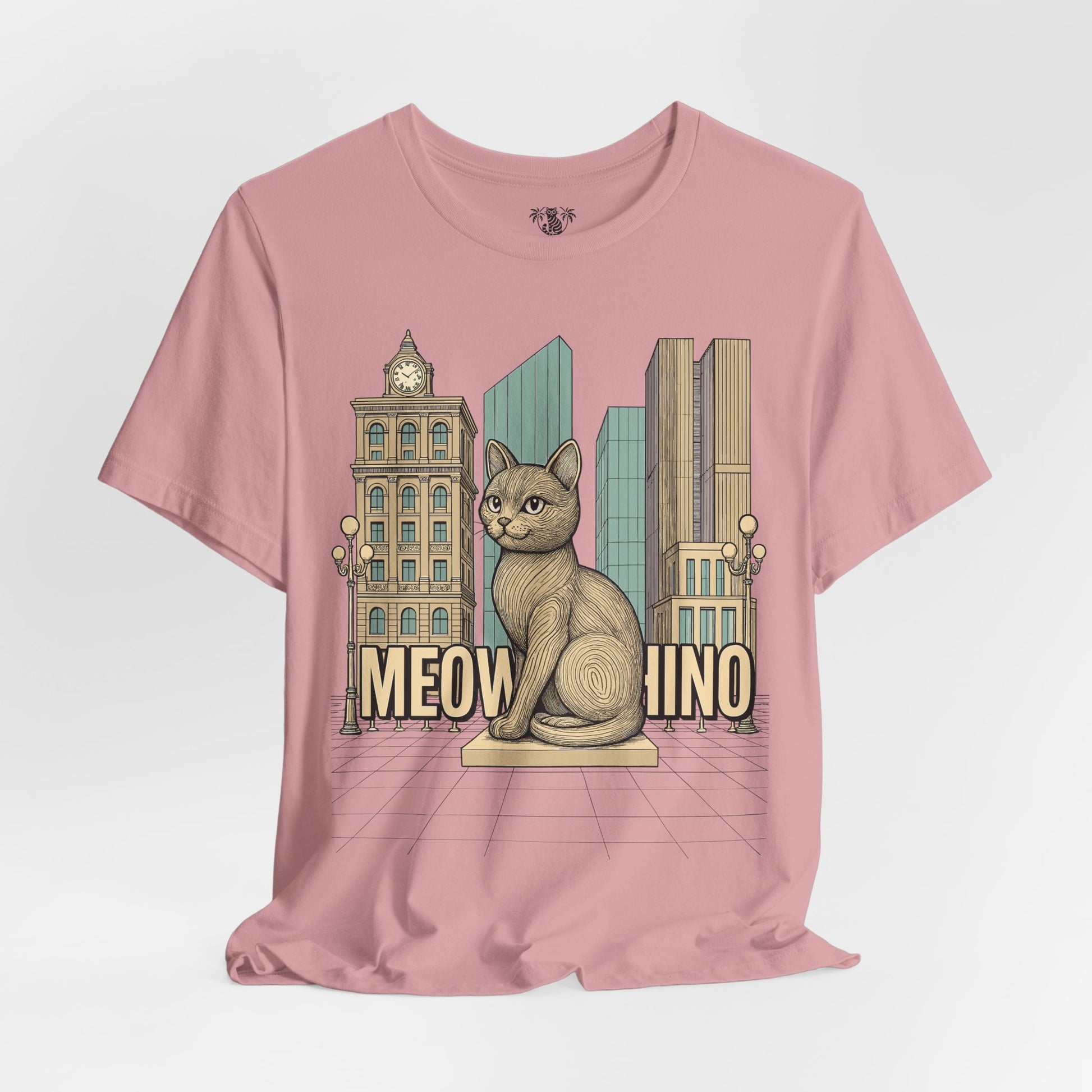 Cat themed shirts – orchid unisex tee, front view, Meowschino city cat statue print