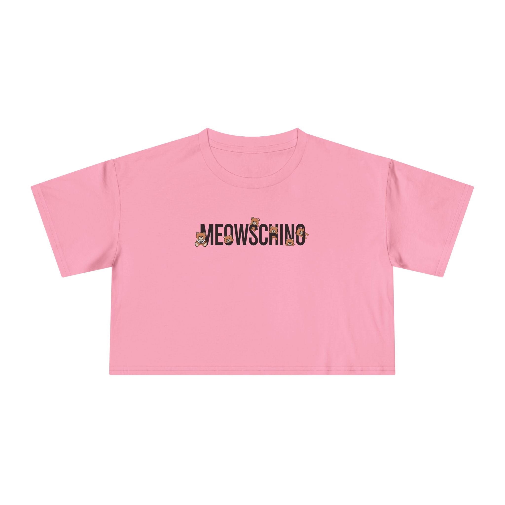 Meowschino Bear Logo Graphic Women's Crop T Shirt, bubblegum pink front view ladies style