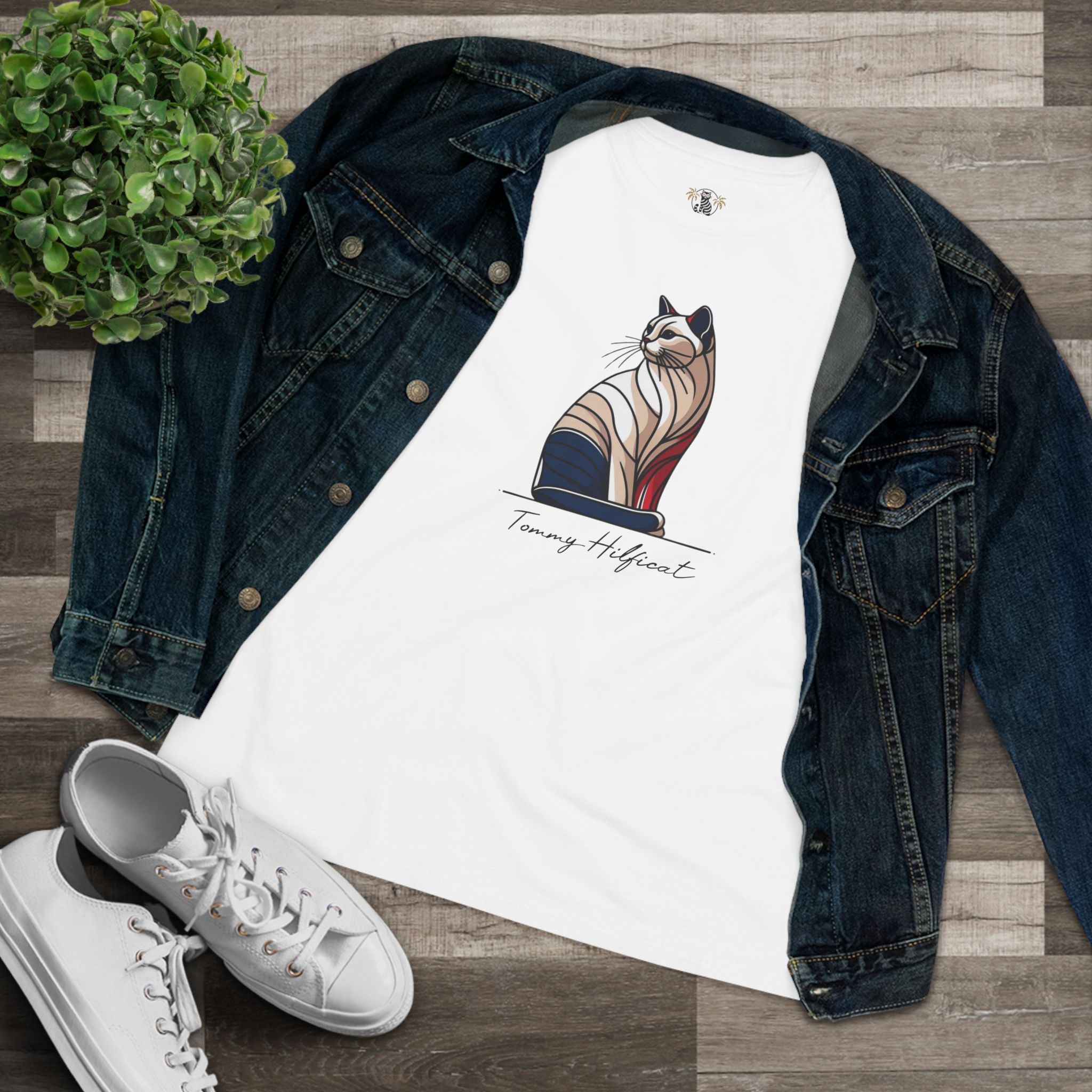 flat lay Tommy Hilficat Sitting Icon T Shirt in White with denim, tee shirts with cats