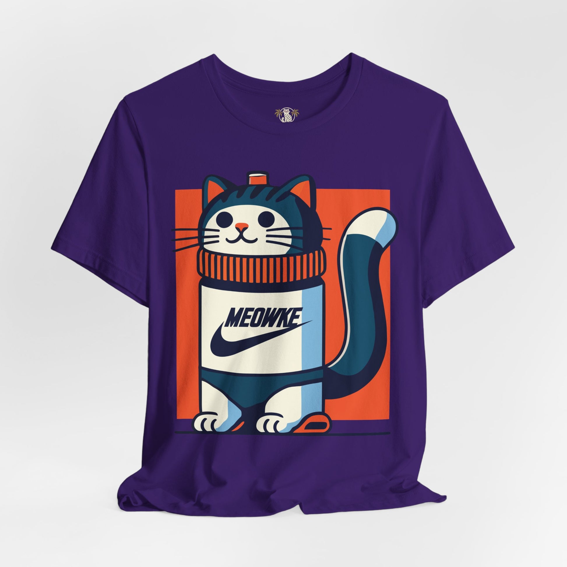 Things to get cat lovers – purple unisex tee, folded view, Meowke Swoosh cartoon cat bottle print