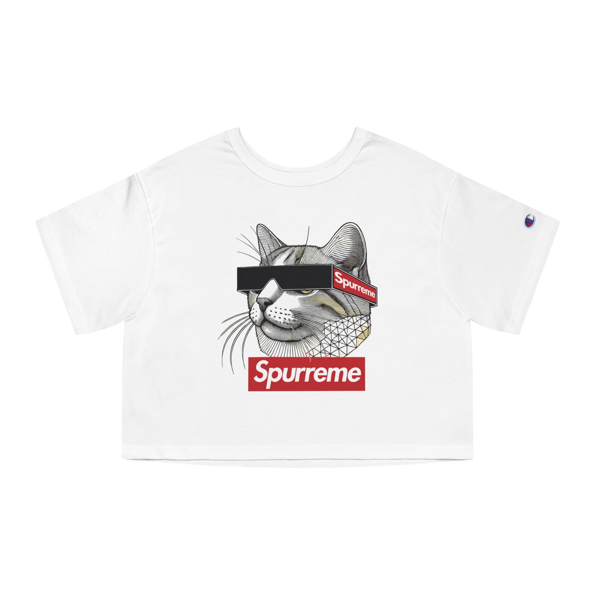 Spurreme x Champion Triangular Vision Cat Graphic Cropped Top in White, white cropped top
