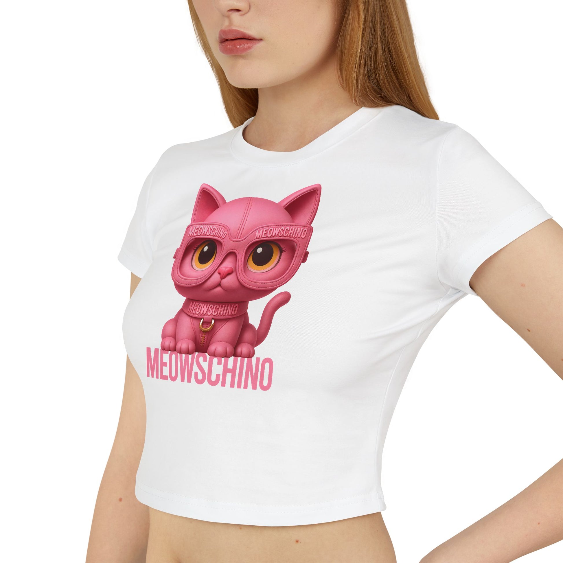 White baby tee modeled side view womens graphic baby tee