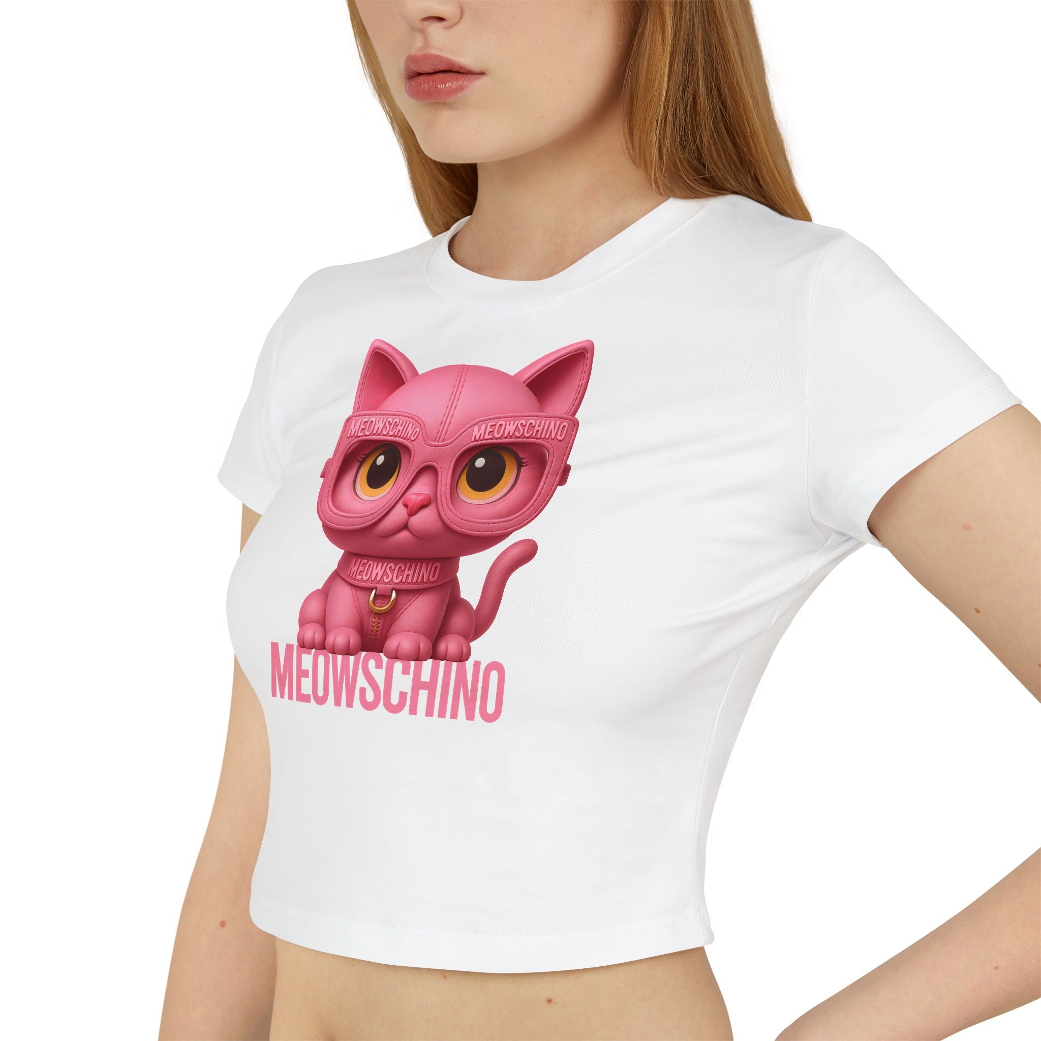 White baby tee modeled side view womens graphic baby tee