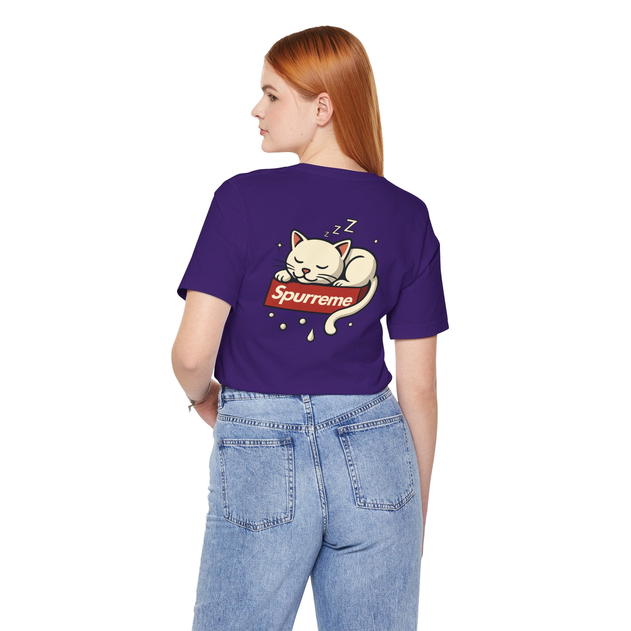 Team purple t shirt on female model back view cat themed clothing