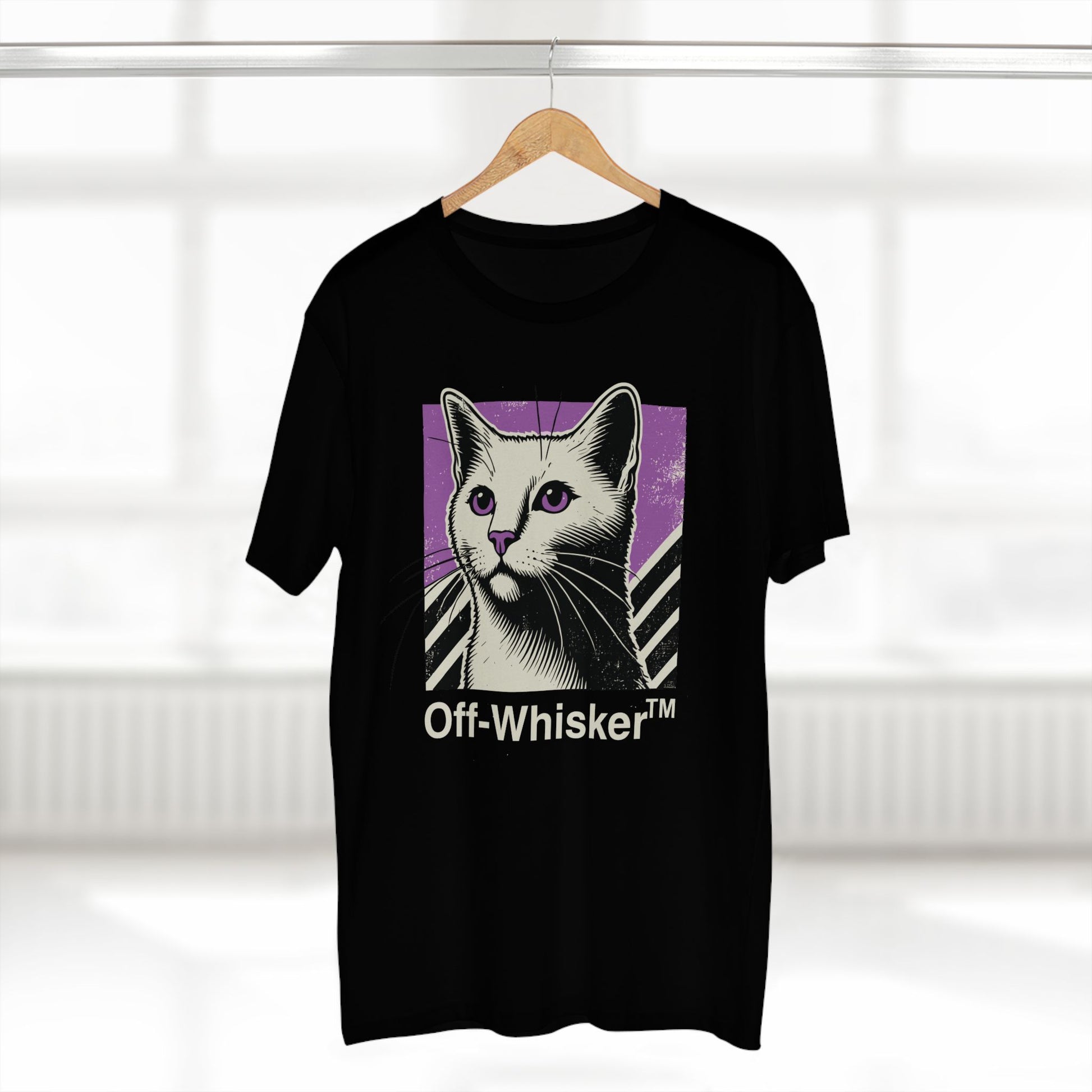 Black Off-Whisker Purple Vision t shirt cat lover on hanger – cool cat shirt with purple cat graphic