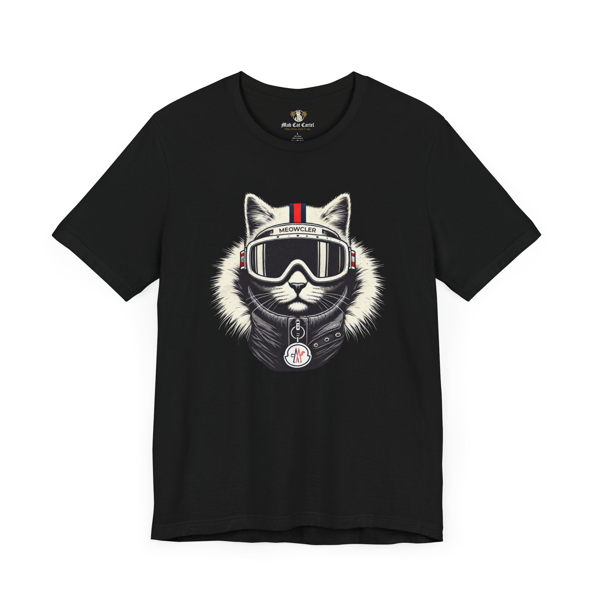 Front view Meowcler Ski Cat Graphic Black T Shirt, cat on a shirt