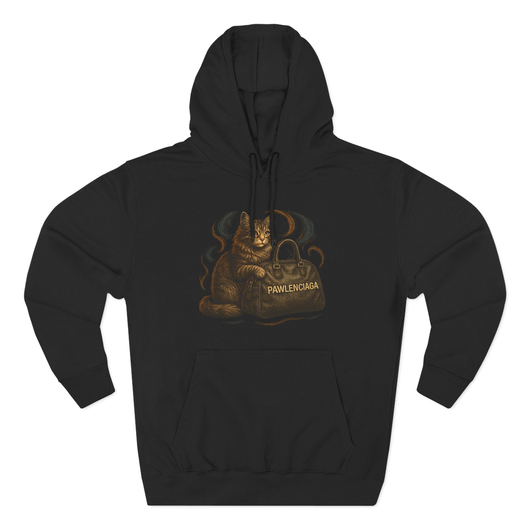 Pawlenciaga Luxe Shopper Cat Graphic Black Hoodie flat lay, gifts for cat lovers