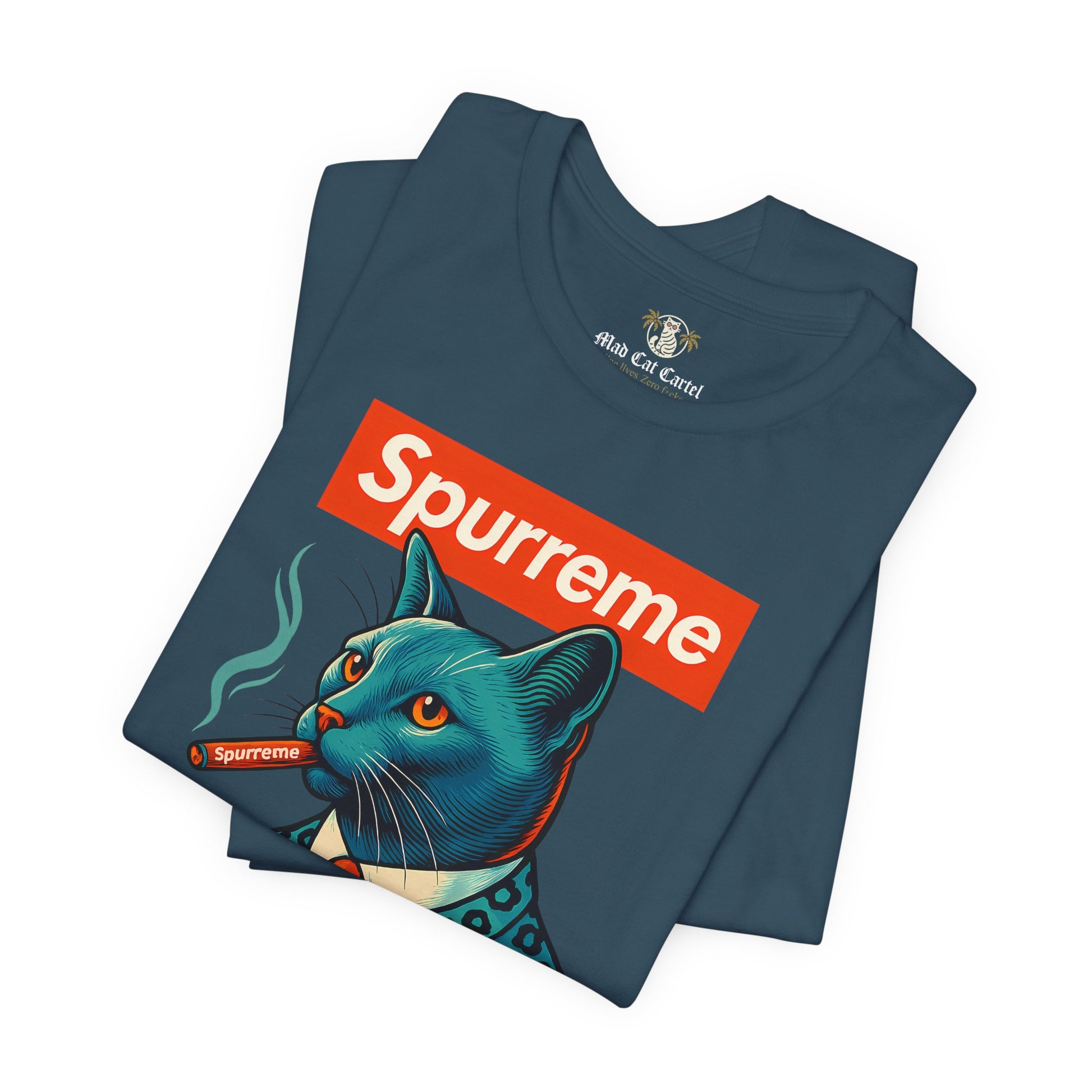Deep Teal Spurreme Ambassador Cat Graphic t shirt folded pair – parody t shirts