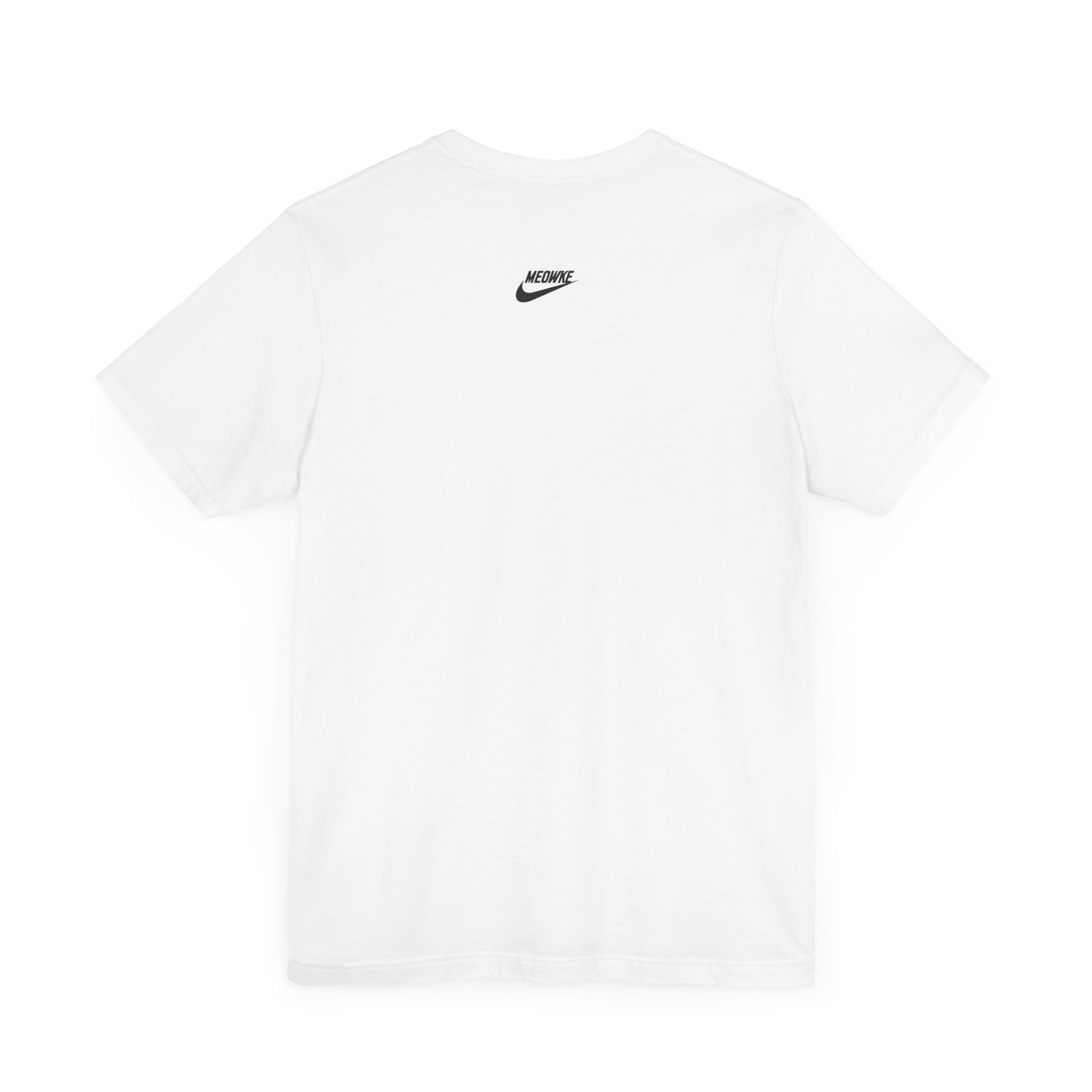 Things to get cat lovers – white unisex tee, back view, Meowke Swoosh logo print