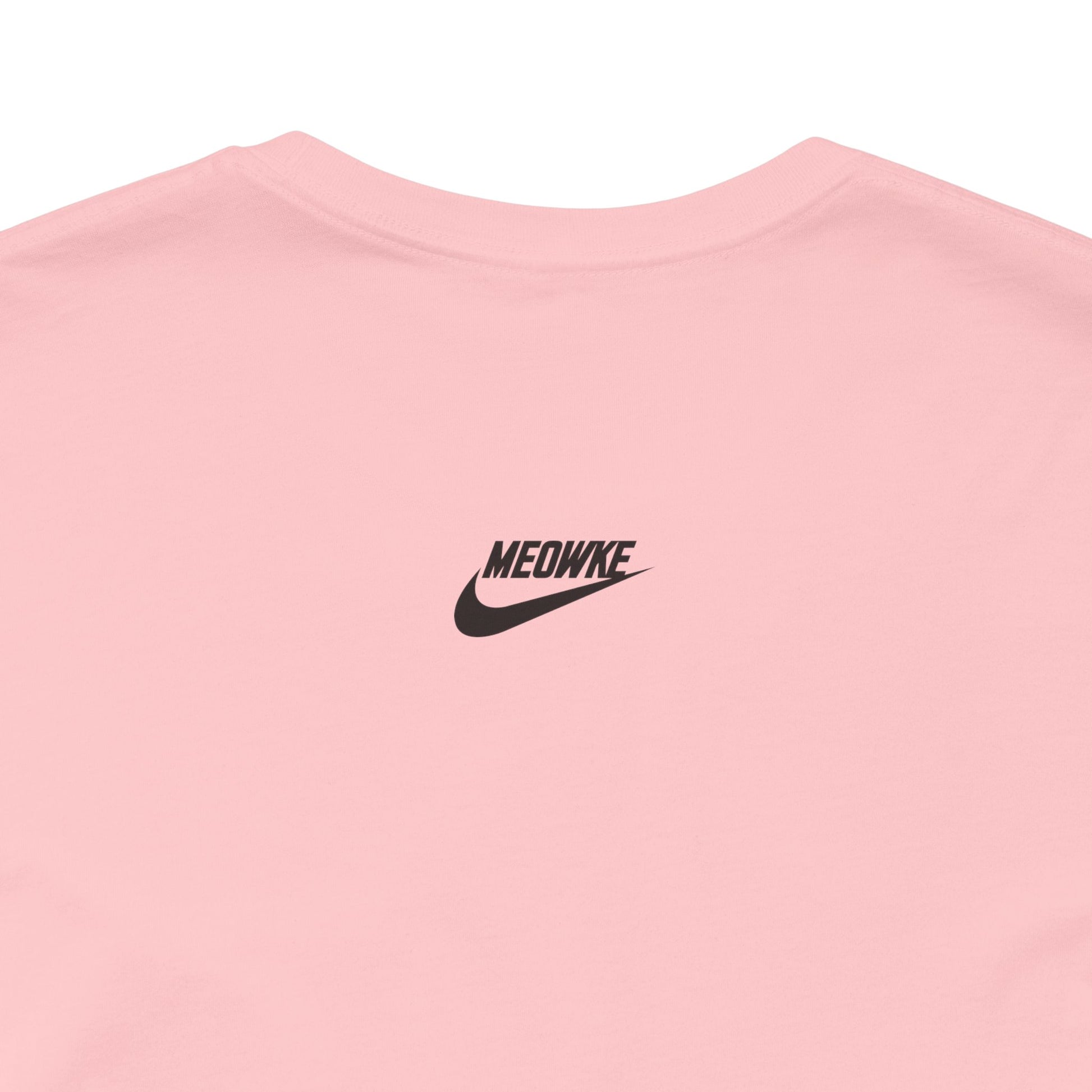 Funny cat shirt for men and women – pink unisex tee, back view detail, Meowke Swoosh logo print