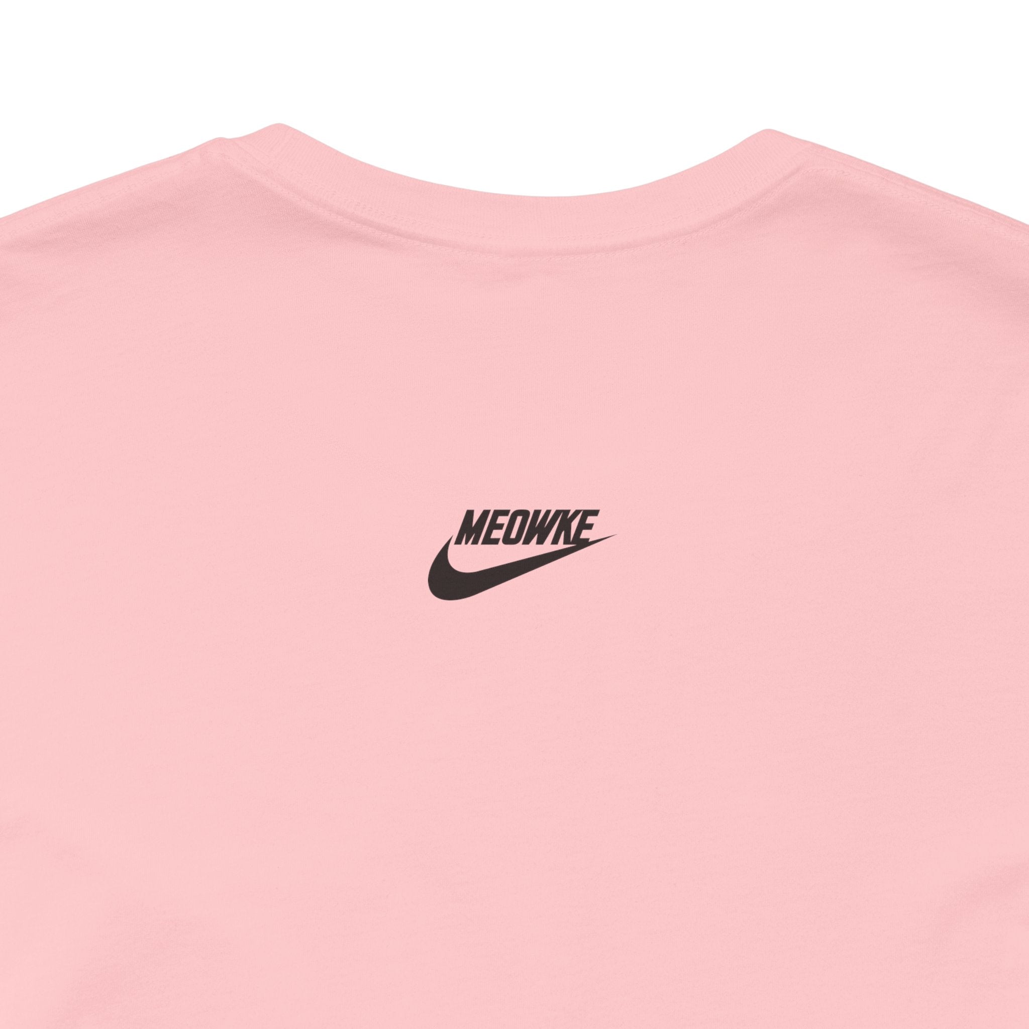 Funny cat shirt for men and women – pink unisex tee, back view detail, Meowke Swoosh logo print