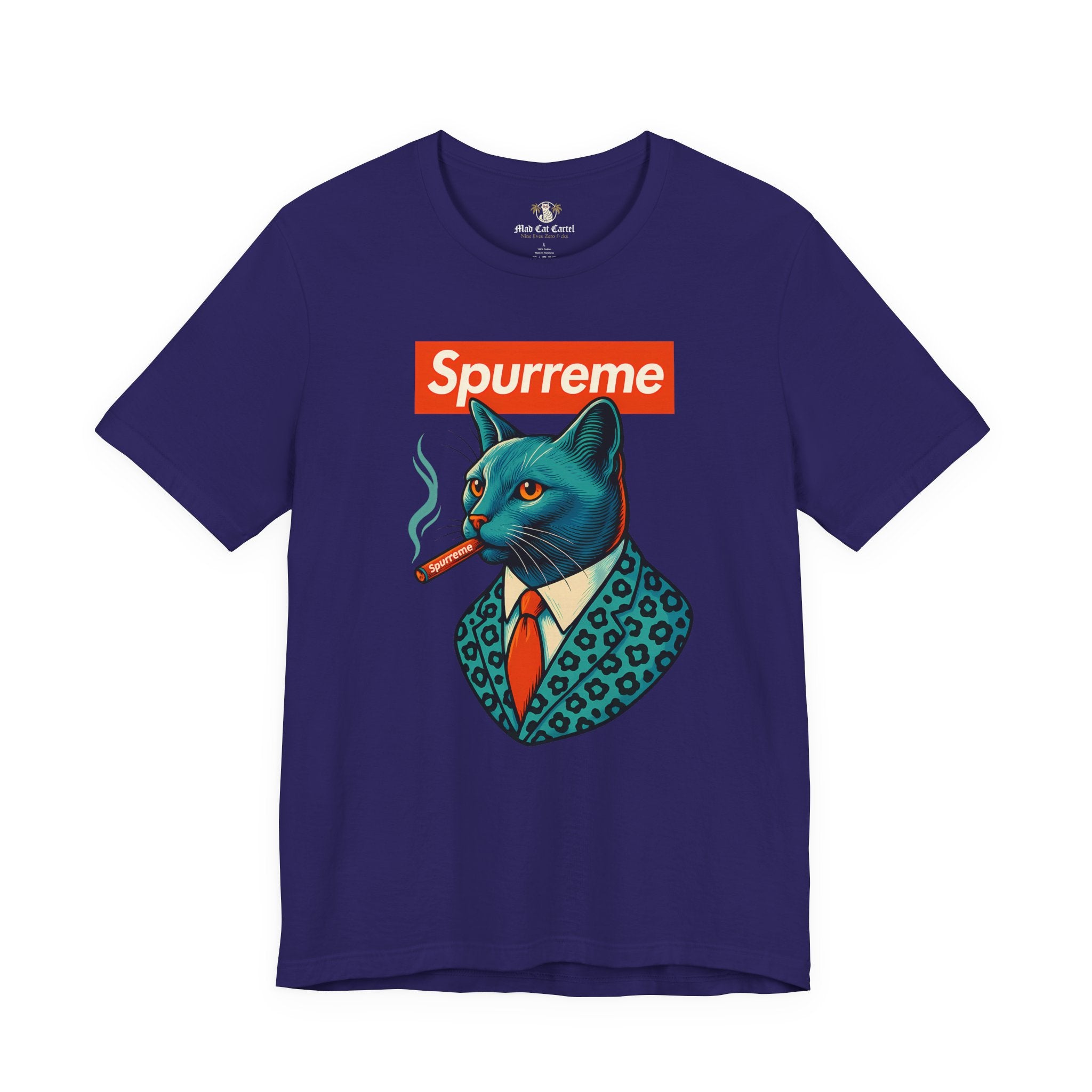 Purple Spurreme Ambassador Cat Graphic t shirt flat front – funny t shirts for women