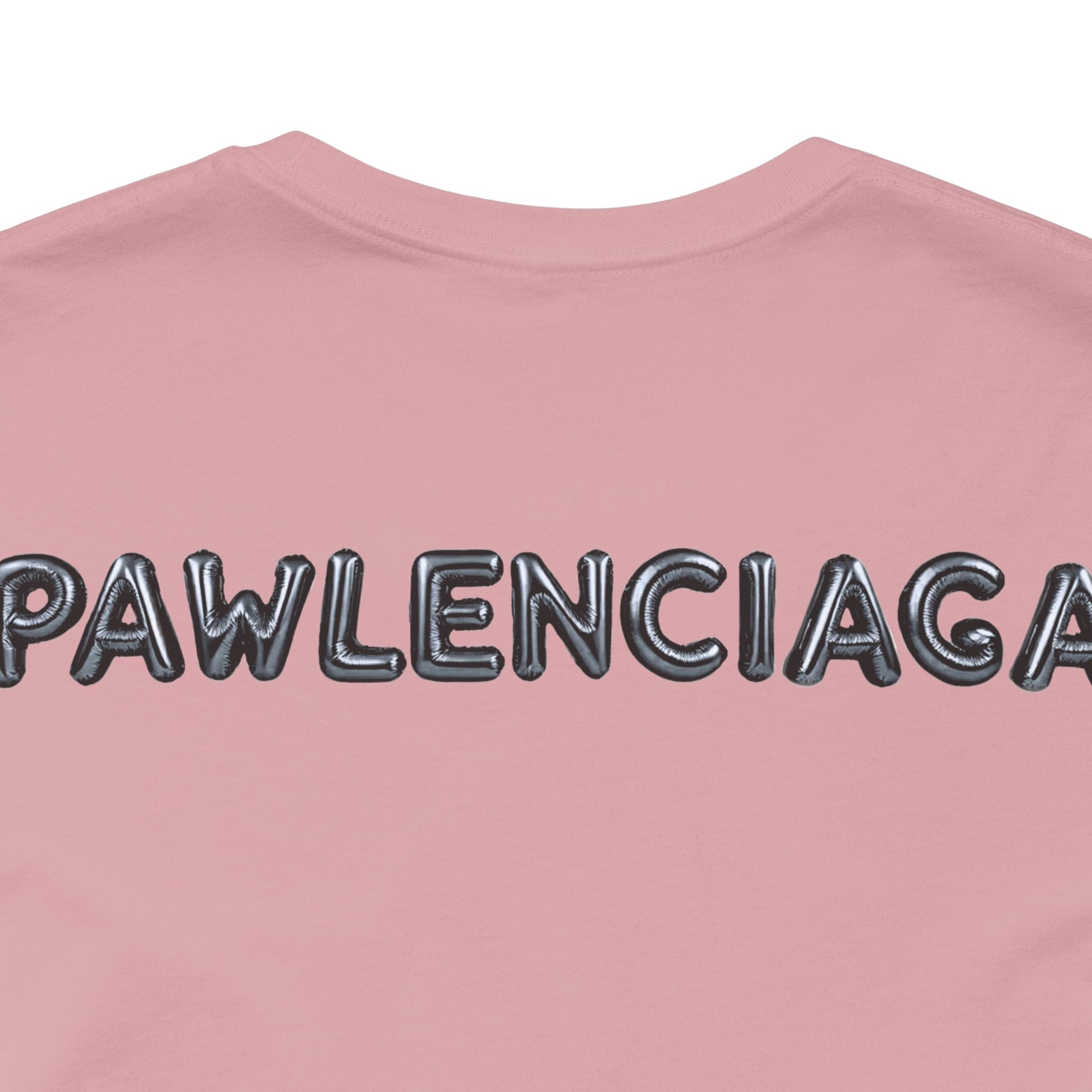 Pawlenciaga text close up on Orchid Cat Balloon Graphic T Shirt back funny cat t shirts for guys