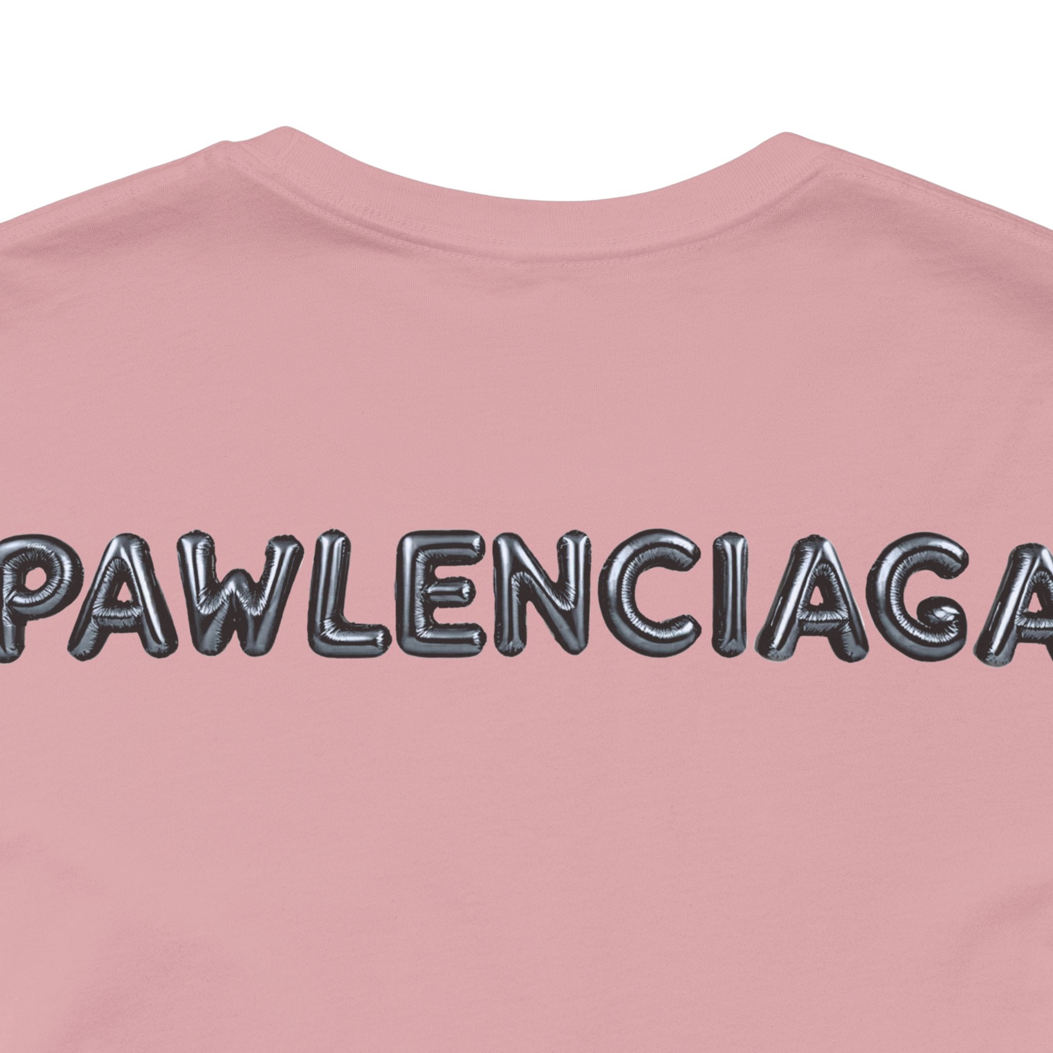 Pawlenciaga text close up on Orchid Cat Balloon Graphic T Shirt back funny cat t shirts for guys