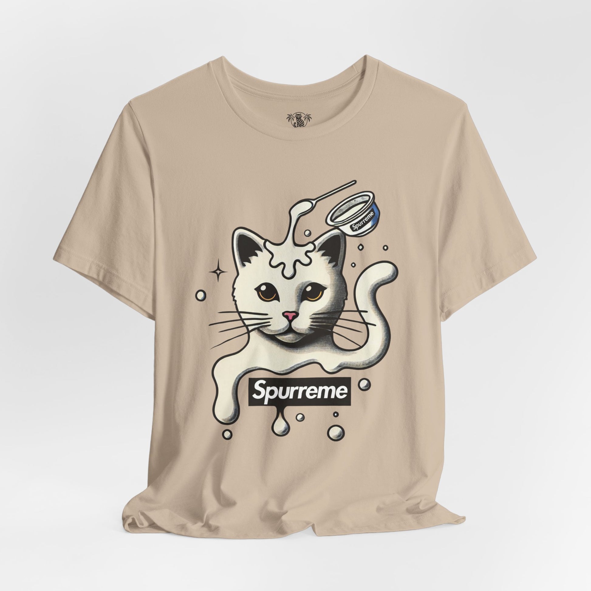 Tan Spurreme Milky Mischief Cat Graphic t shirt flat lay – cat themed apparel