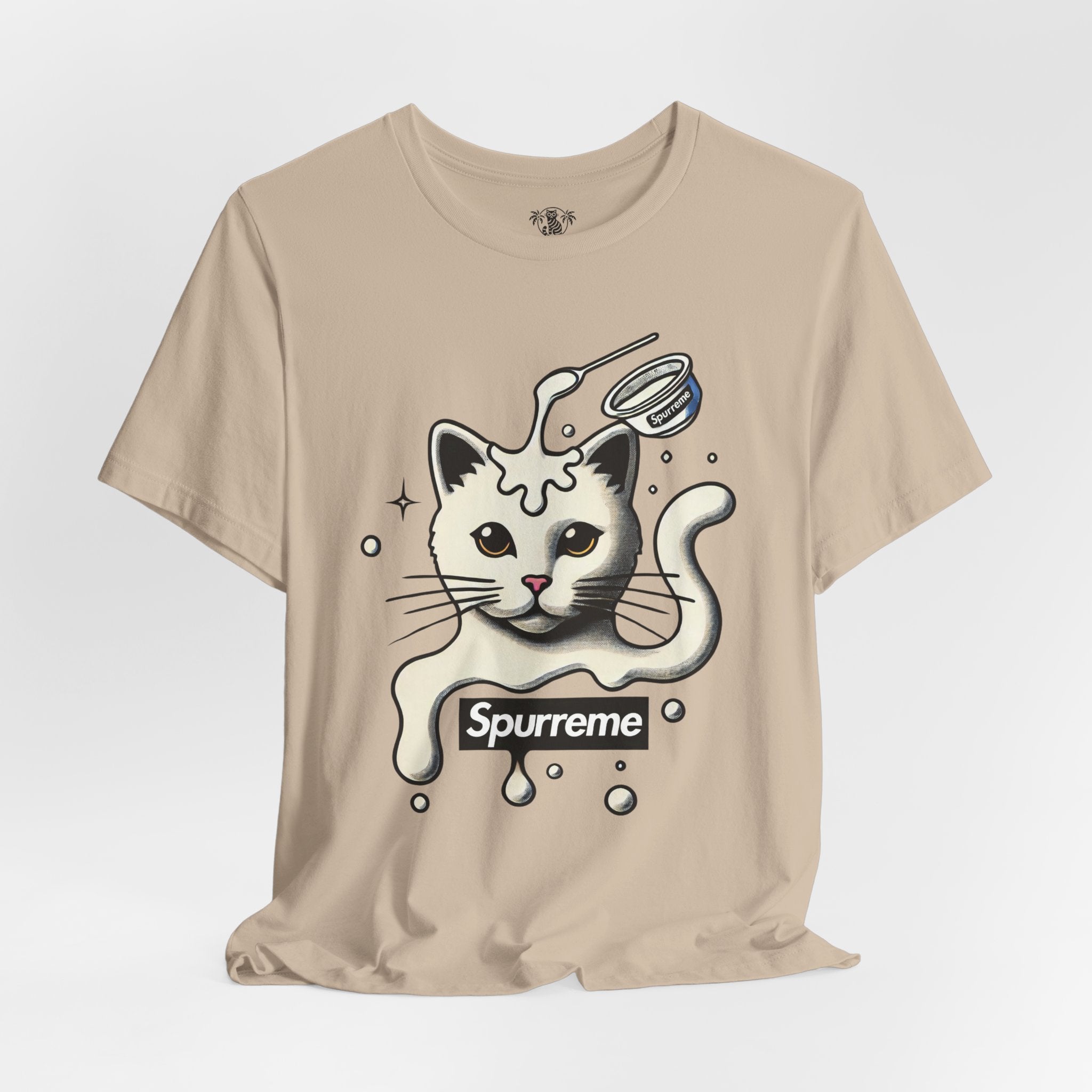 Tan Spurreme Milky Mischief Cat Graphic t shirt flat lay – cat themed apparel